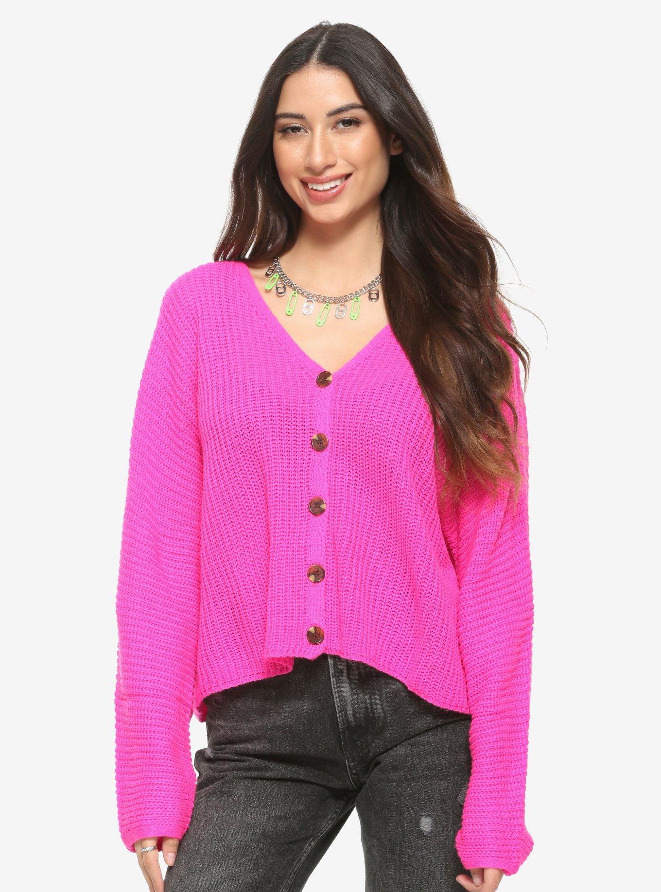 Neon Pink Girls Oversized Cardigan, PINK, hi-res