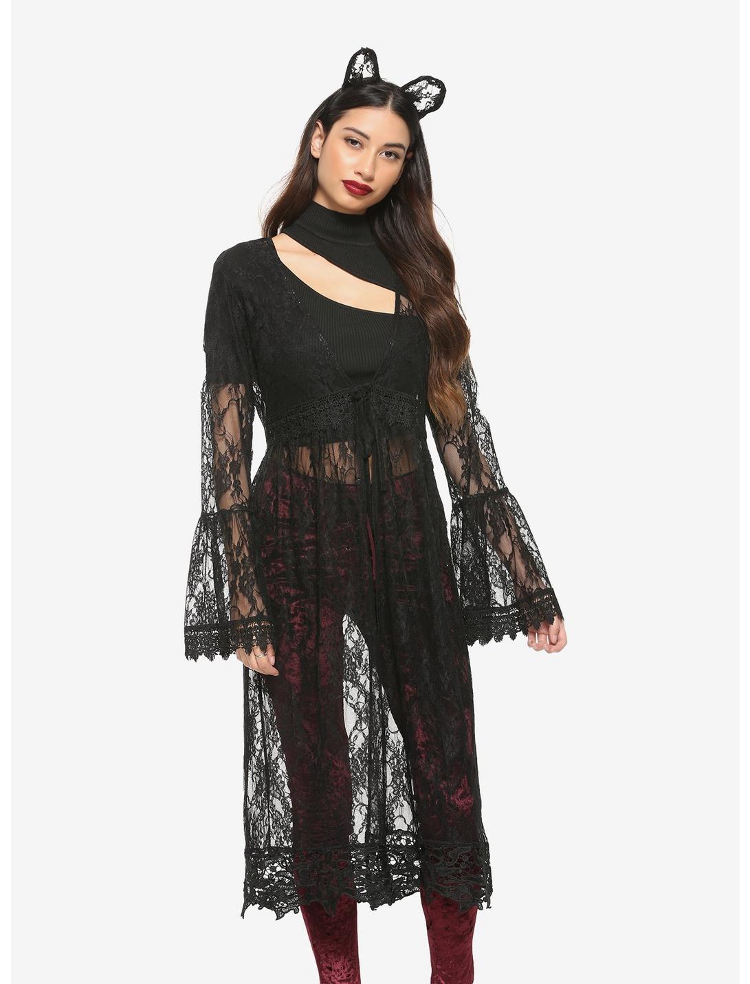 Black Lace Tie-Front Bell Sleeve Duster, BLACK, hi-res