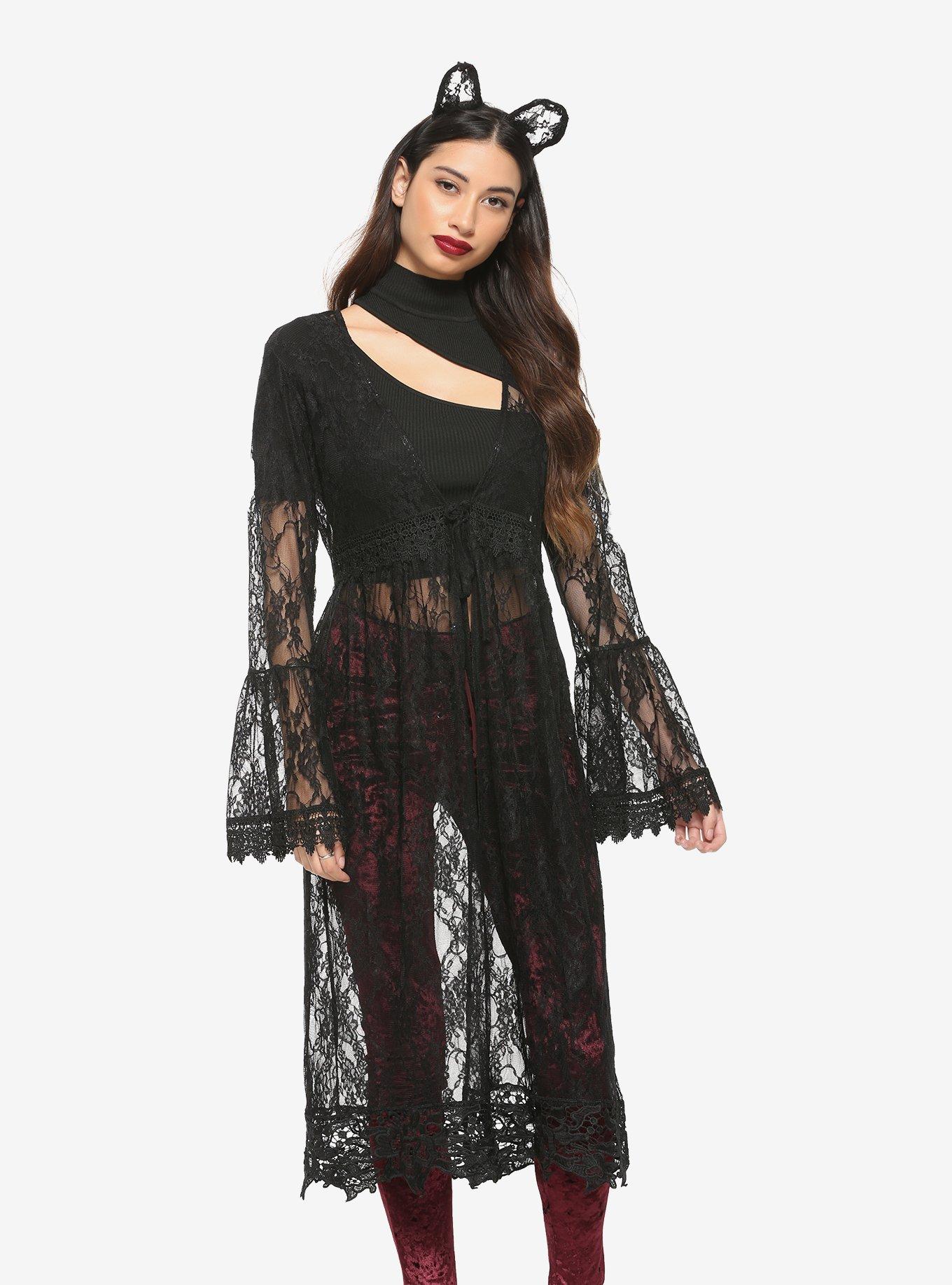 Black Lace Tie-Front Bell Sleeve Duster, BLACK, hi-res