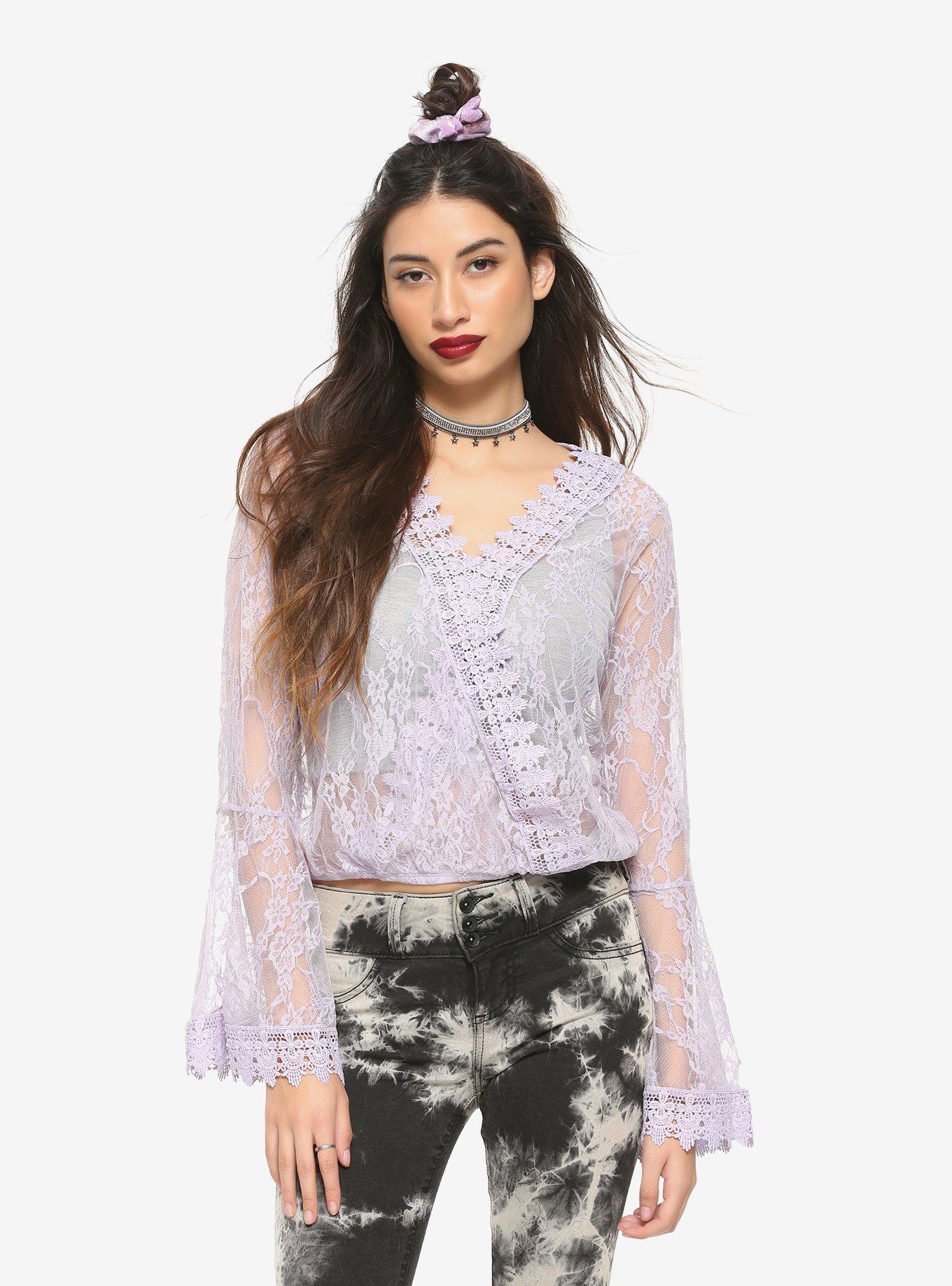 Purple Lace Bell Sleeve Top, PURPLE, hi-res