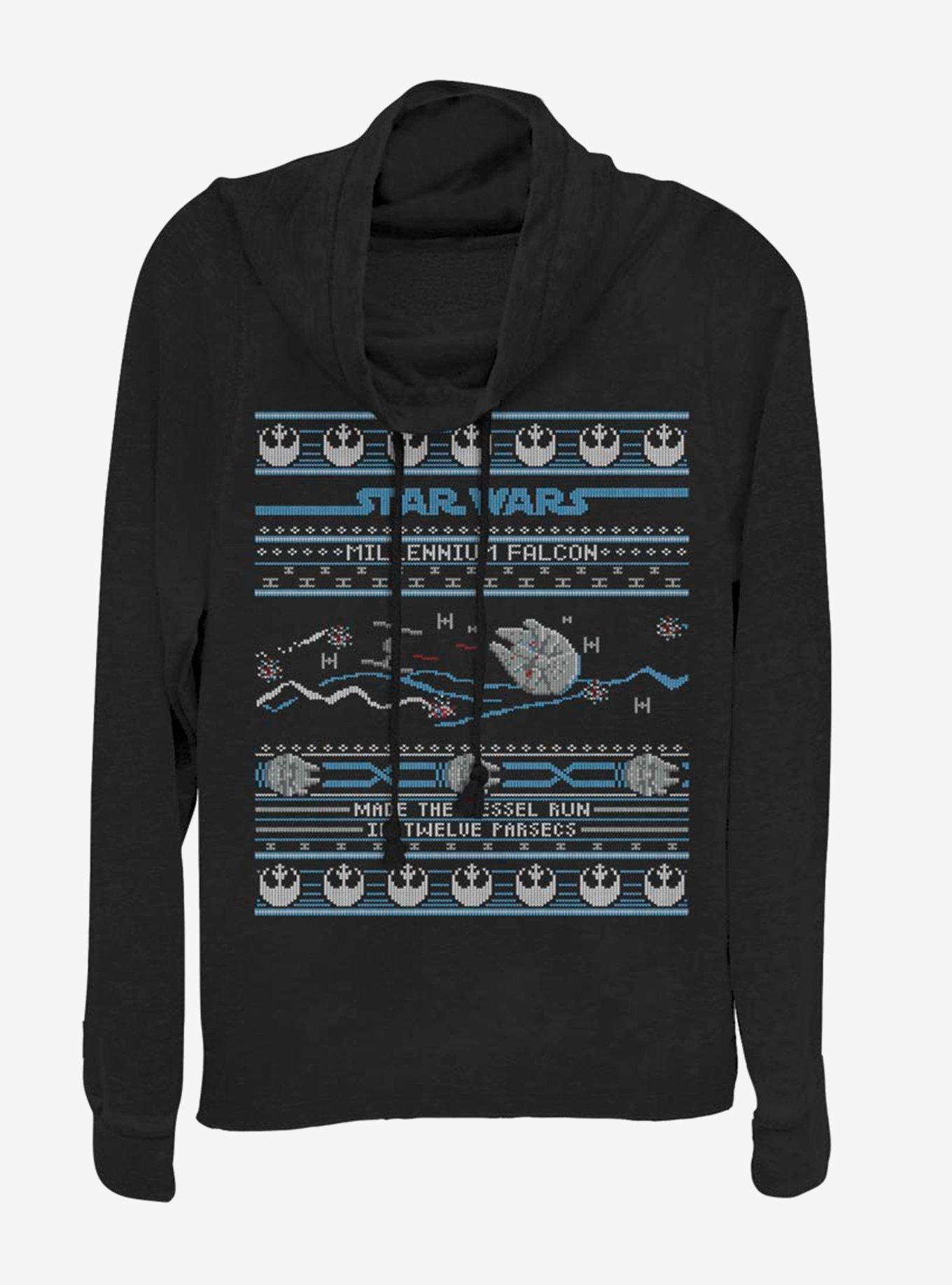 Star Wars Falcon Attack Ugly Sweater Cowlneck Long-Sleeve Womens Top, BLACK, hi-res
