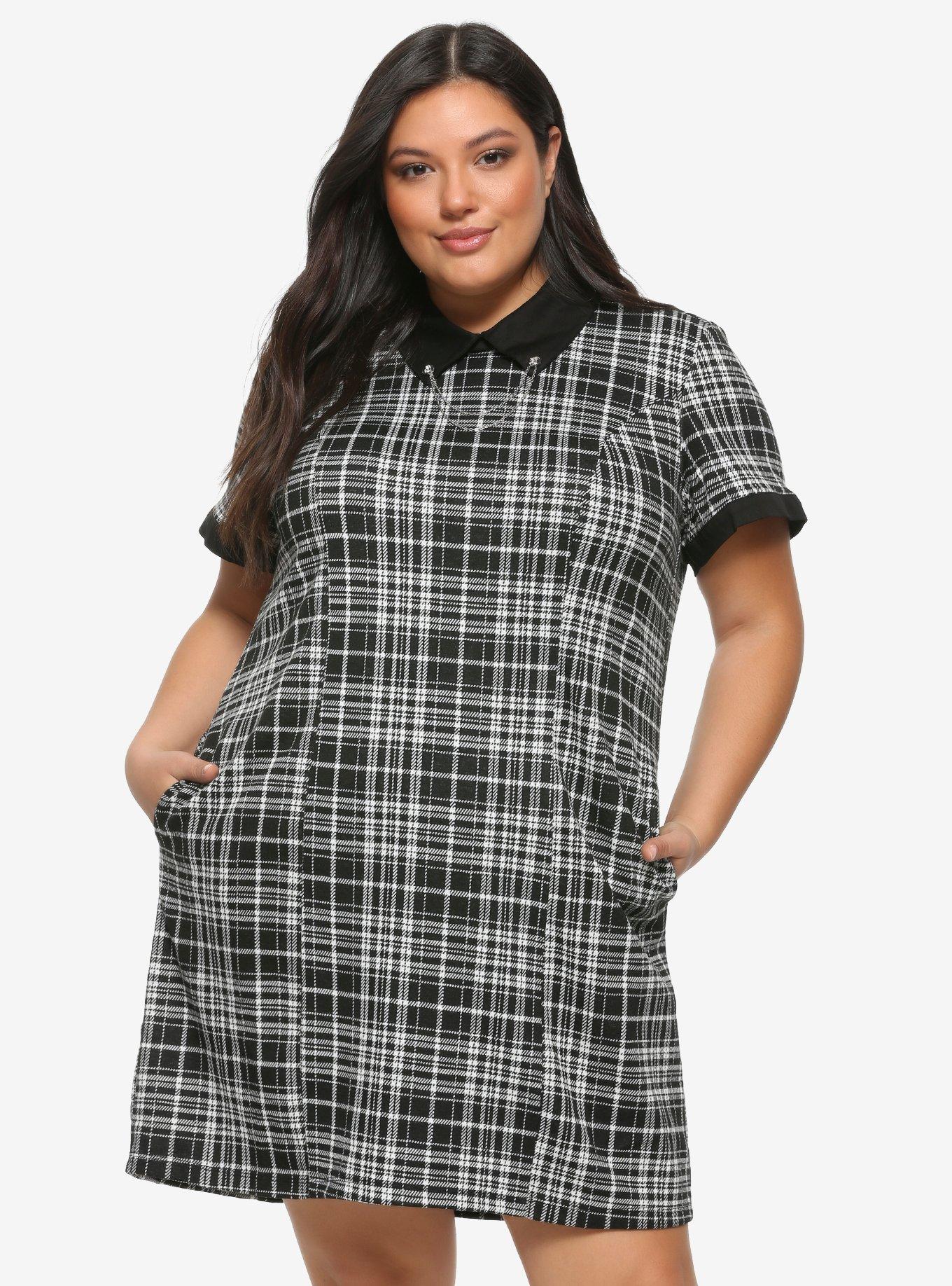 Black & White Plaid Skull Pins Collared Dress Plus Size, PLAID, hi-res