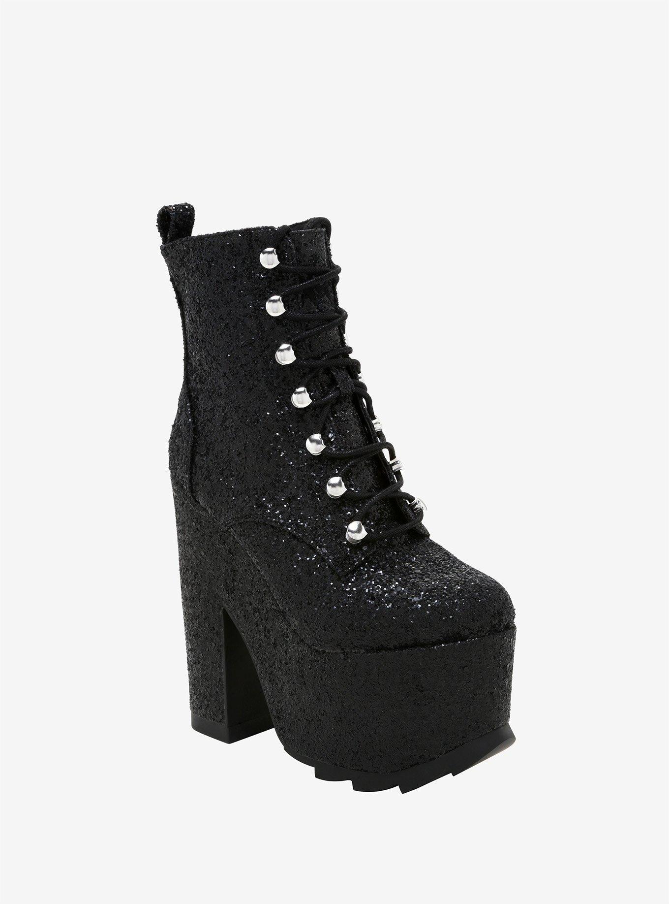 Night Terror By YRU Black Glitter Platform Boots, MULTI, hi-res