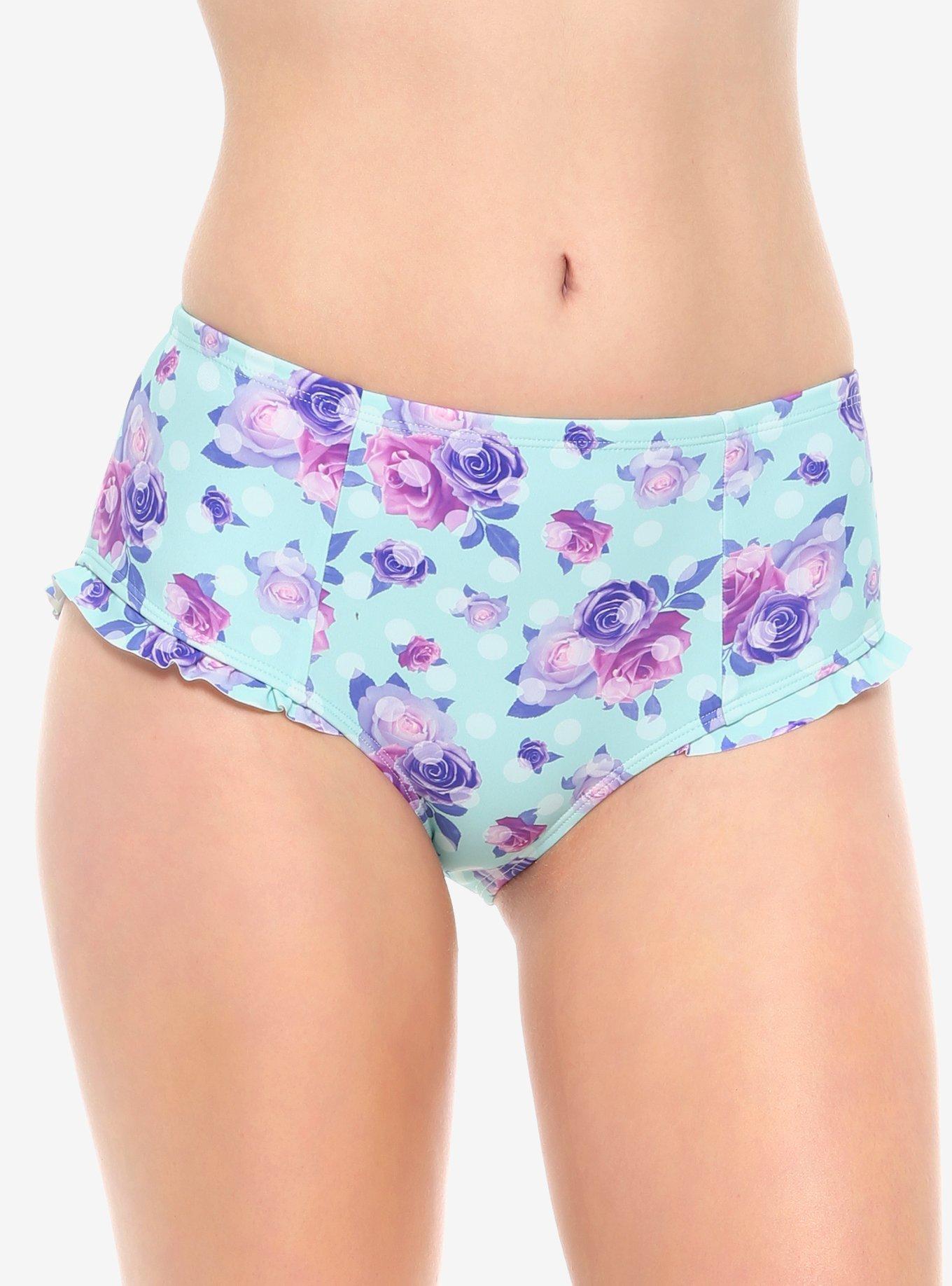 Blue Floral & Polka Dot Ruffle High-Waisted Swim Bottoms, BLUE, hi-res