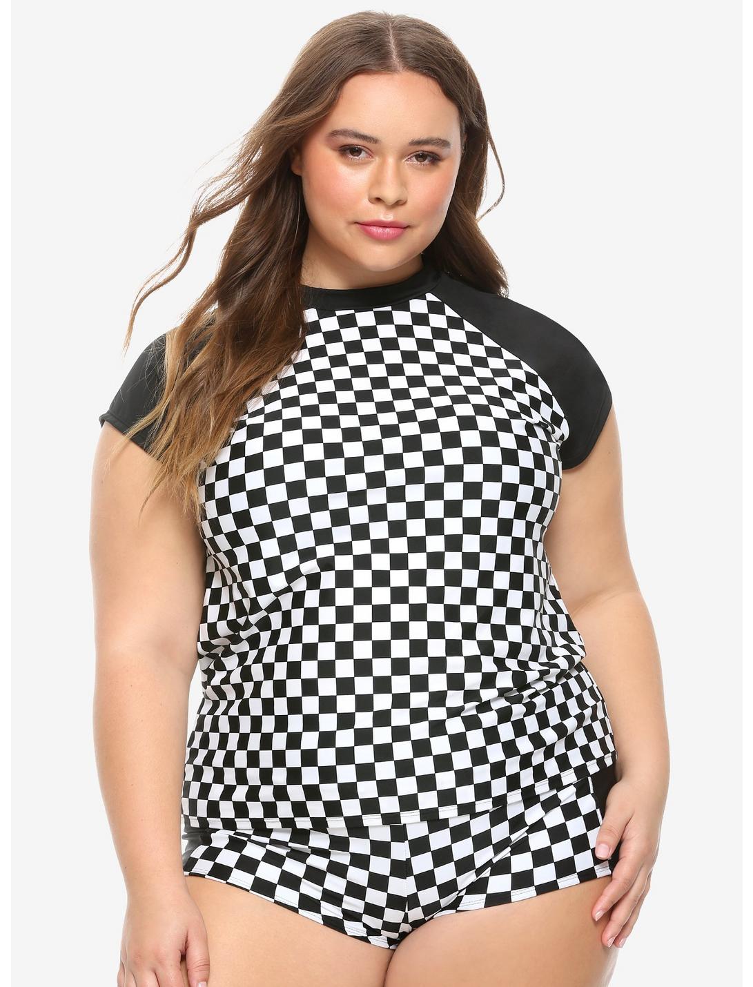 Black & White Checkered Girls Rash Guard Plus Size, MULTI, hi-res