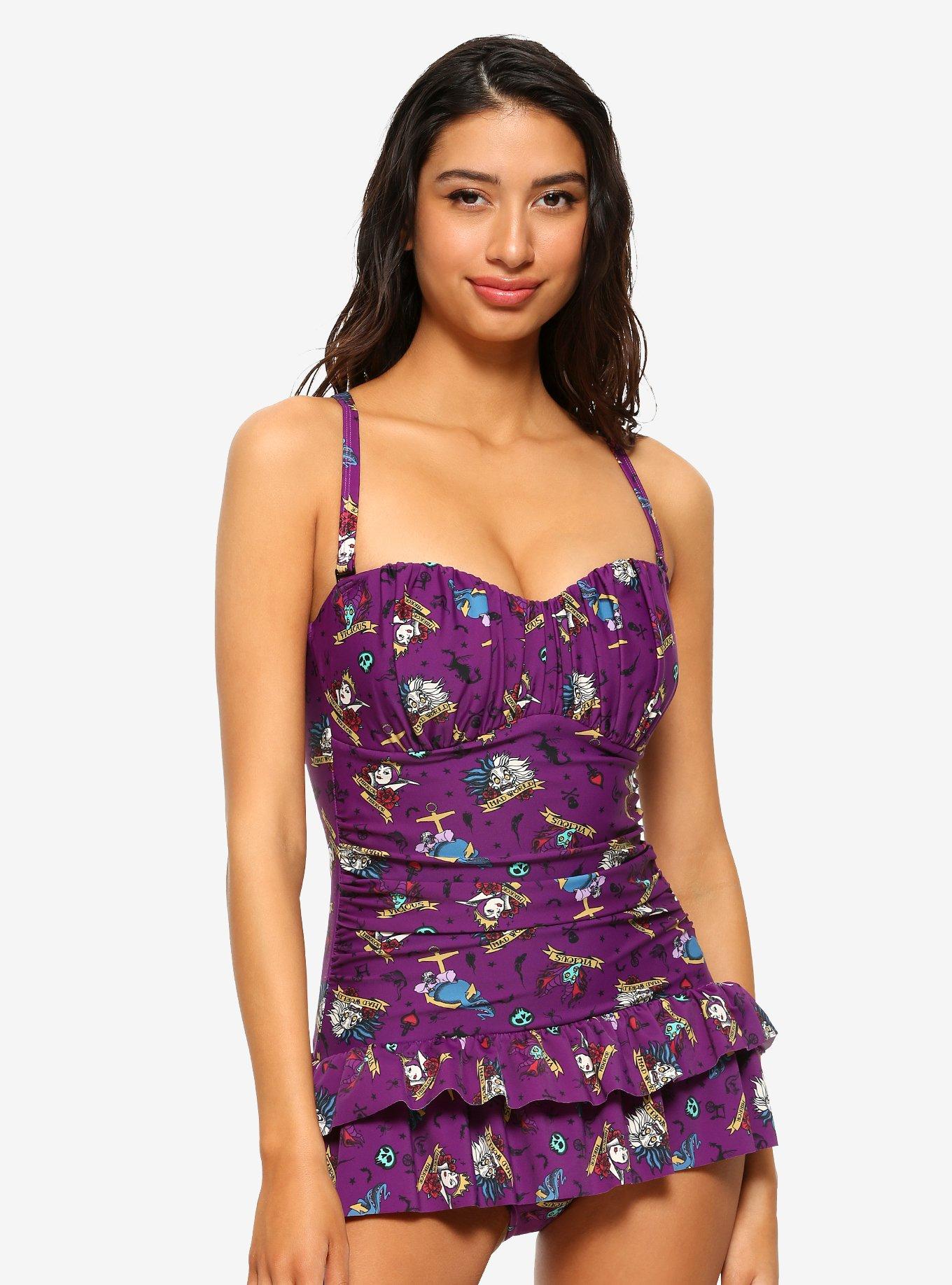 Disney Villains Tattoo Print Ruffle Swimsuit, MULTI, hi-res