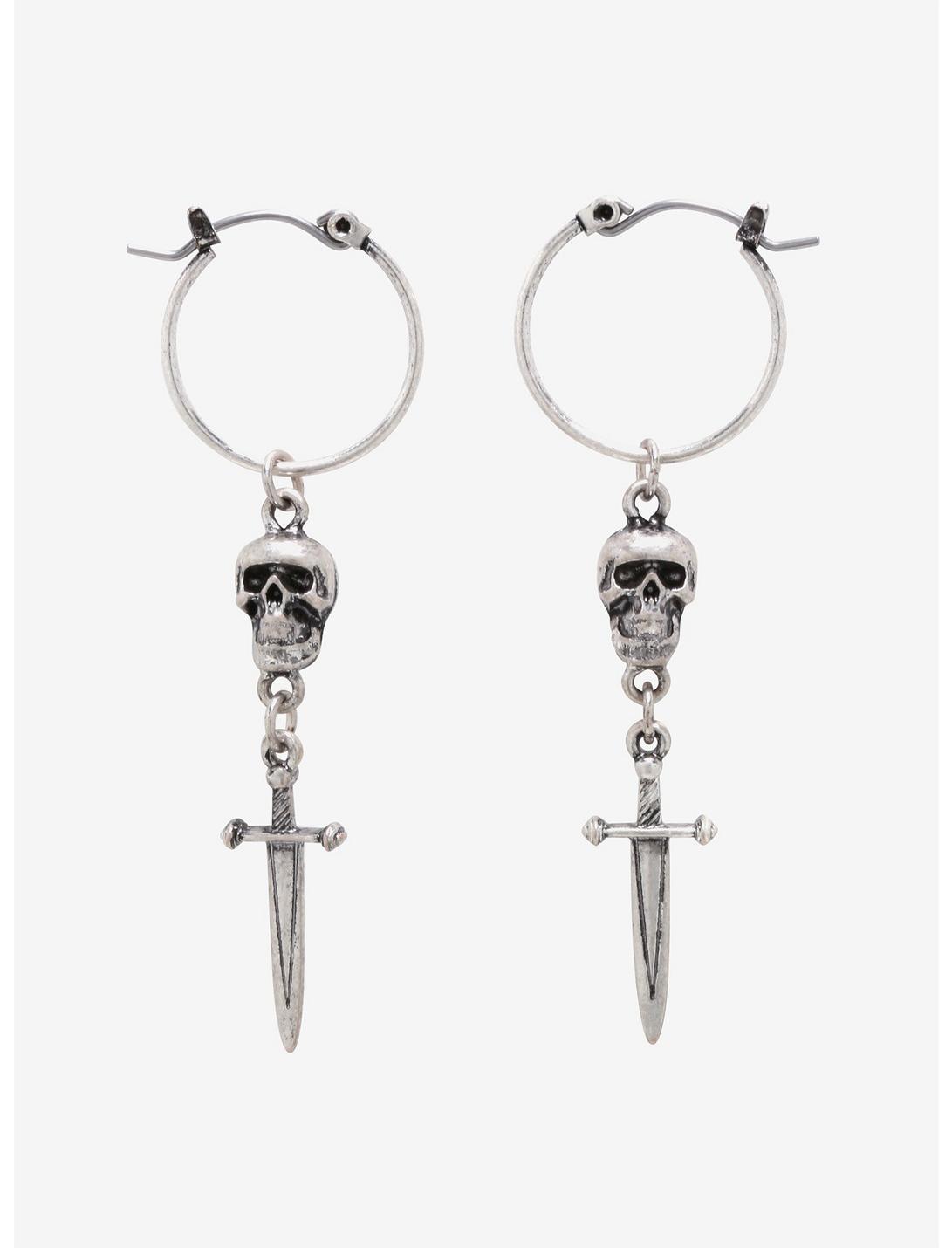 Skull & Dagger Dangle Hoop Earrings, , hi-res