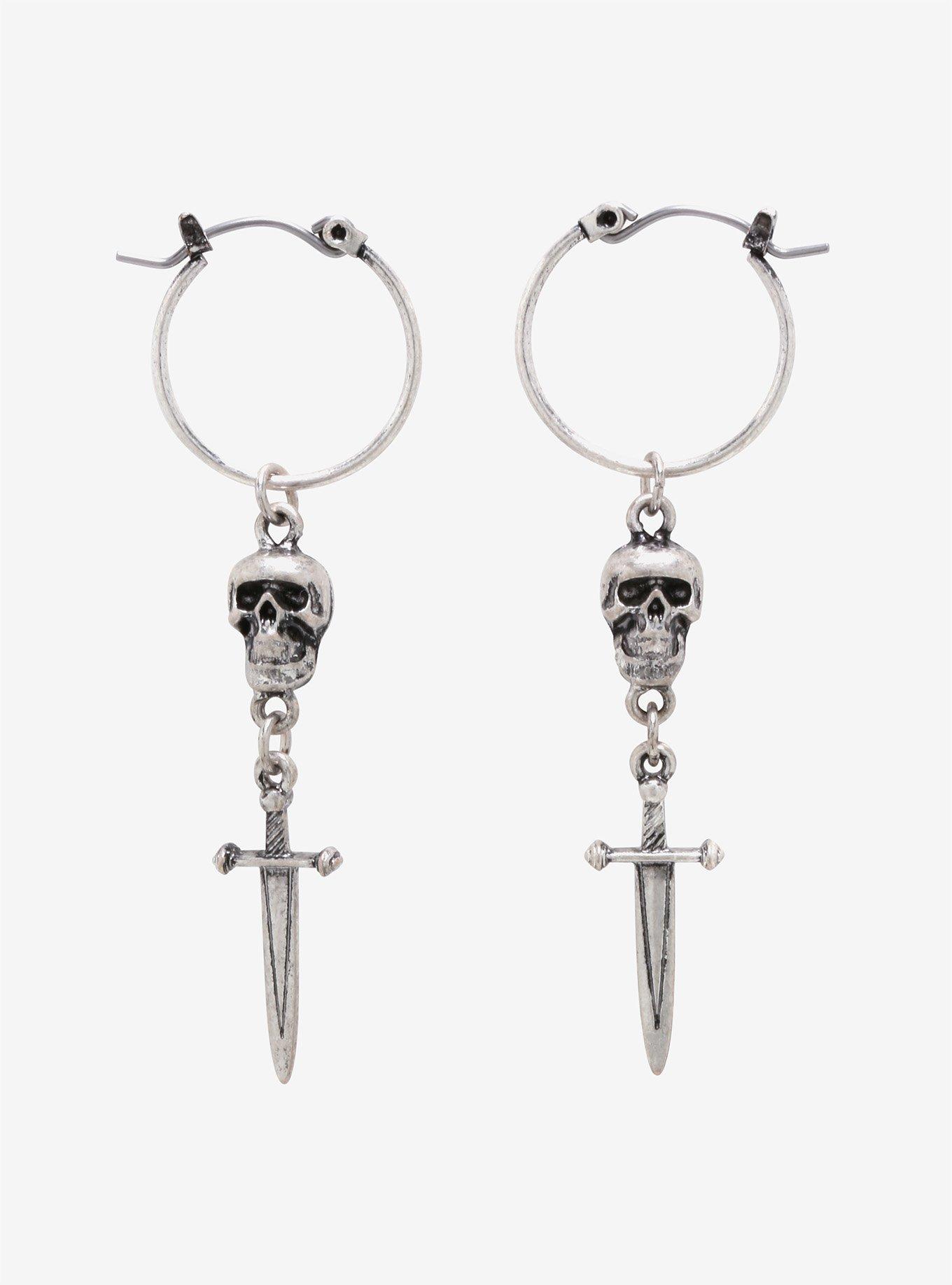 Skull & Dagger Dangle Hoop Earrings, , hi-res