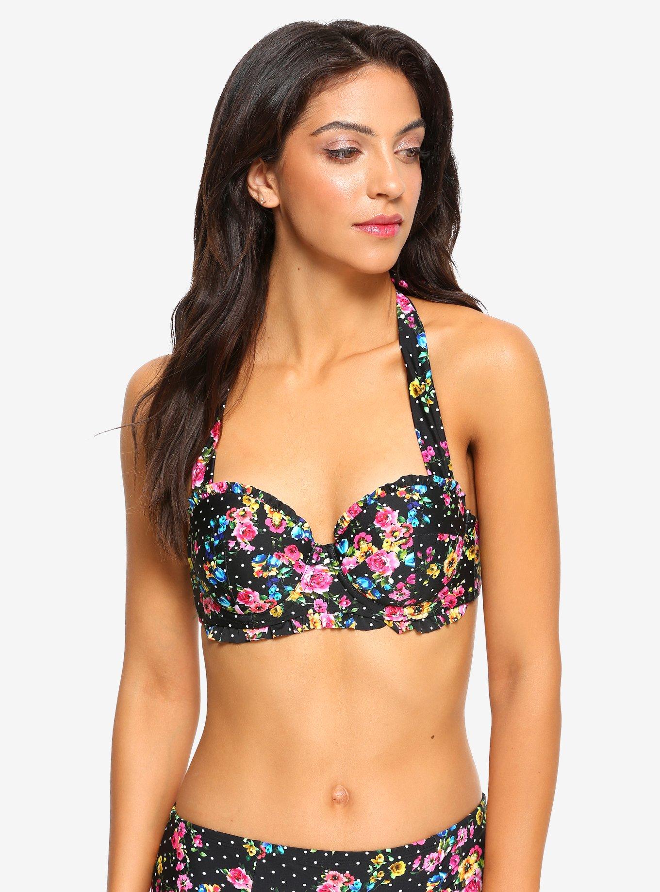 Bright Floral And Polka Dot Ruffle Halter Swim Top Hot Topic