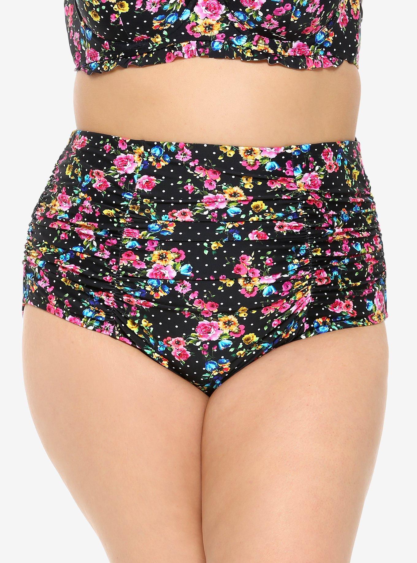 Bright Floral & Polka Dot Ruched HighWaisted Swim Bottoms Plus Size