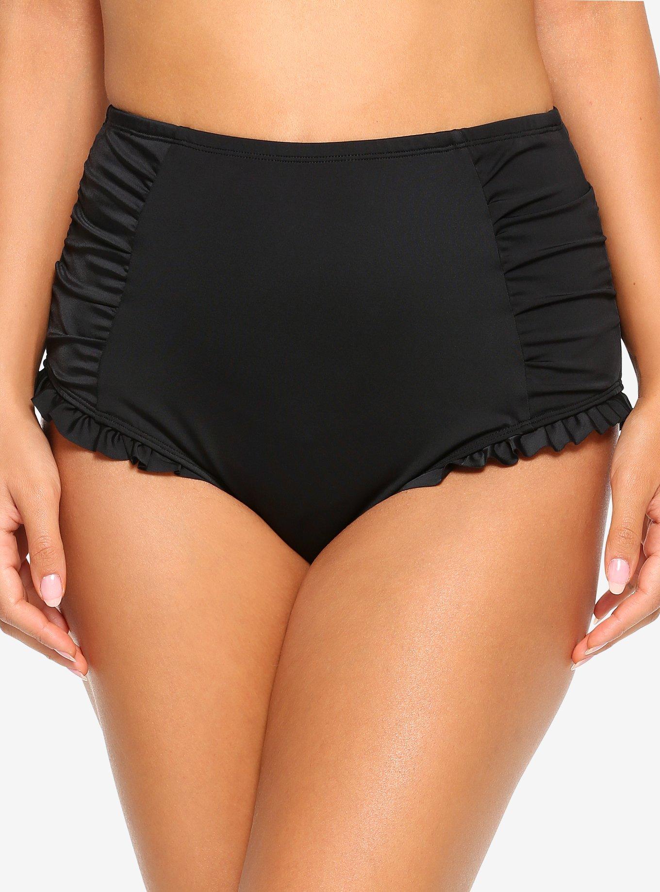 Black Ruched High-Waisted Swim Bottoms, , hi-res