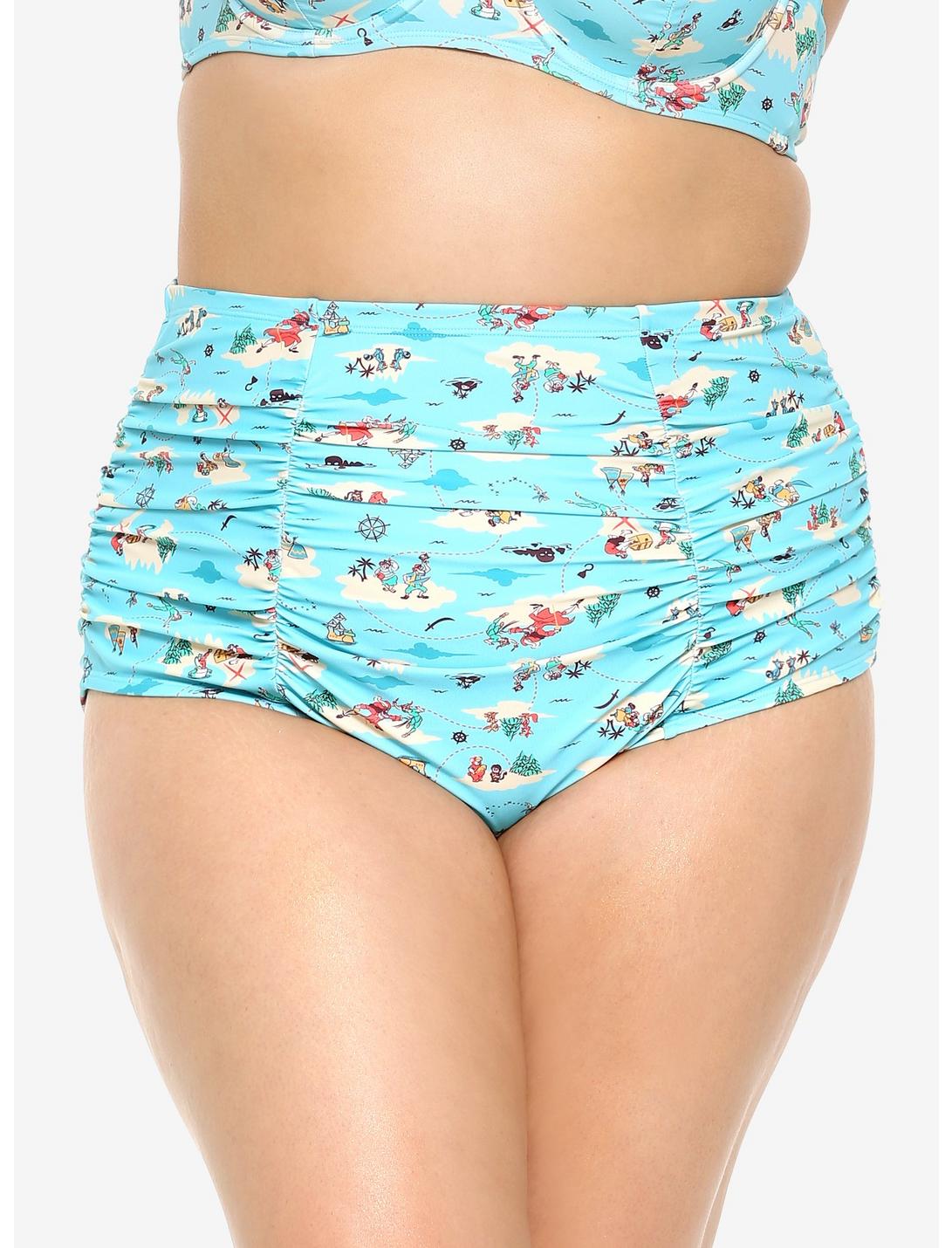 Disney Peter Pan Never Land Map High-Waisted Ruched Swim Bottoms Plus Size, MULTI, hi-res
