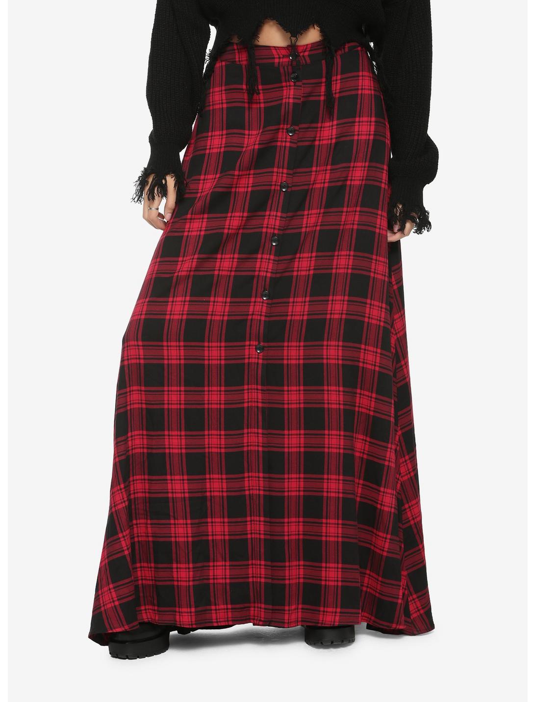 Red & Black Plaid Maxi Button-Front Skirt, PLAID-RED, hi-res
