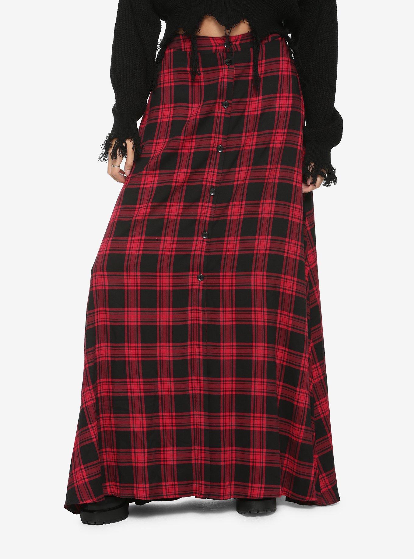 Red & Black Plaid Maxi Button-Front Skirt, PLAID-RED, hi-res