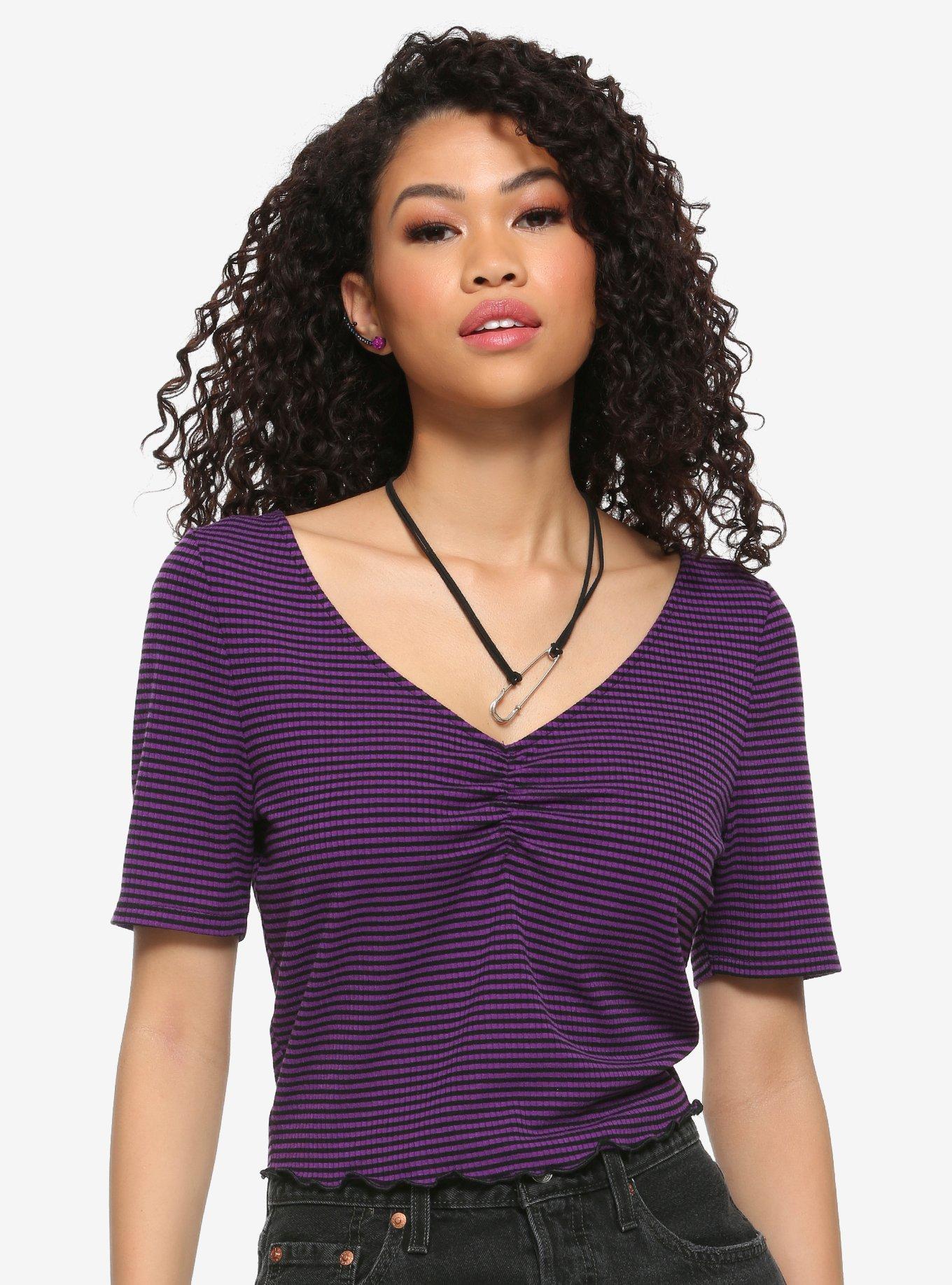 Black & Purple Striped Lettuce Hem Girls T-Shirt, STRIPE - PURPLE, hi-res