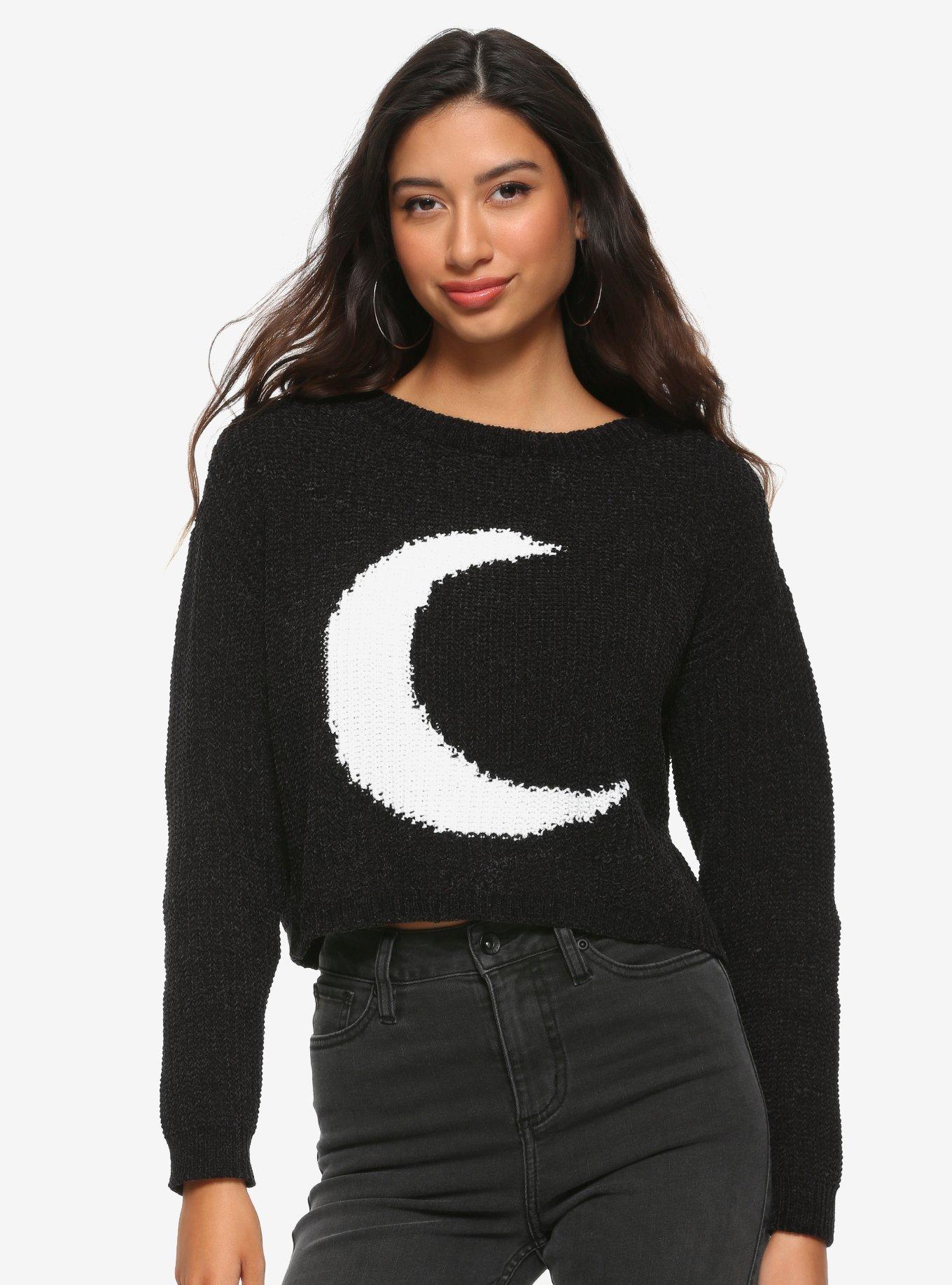 Black & White Crescent Moon Girls Crop Sweater | Hot Topic