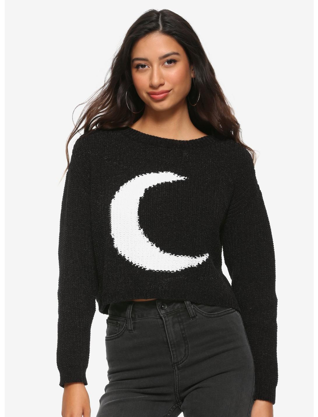 Black & White Crescent Moon Girls Crop Sweater, WHITE, hi-res