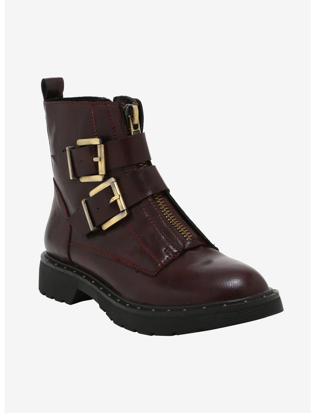 Maroon Double Buckle Ankle Boots, MULTI, hi-res