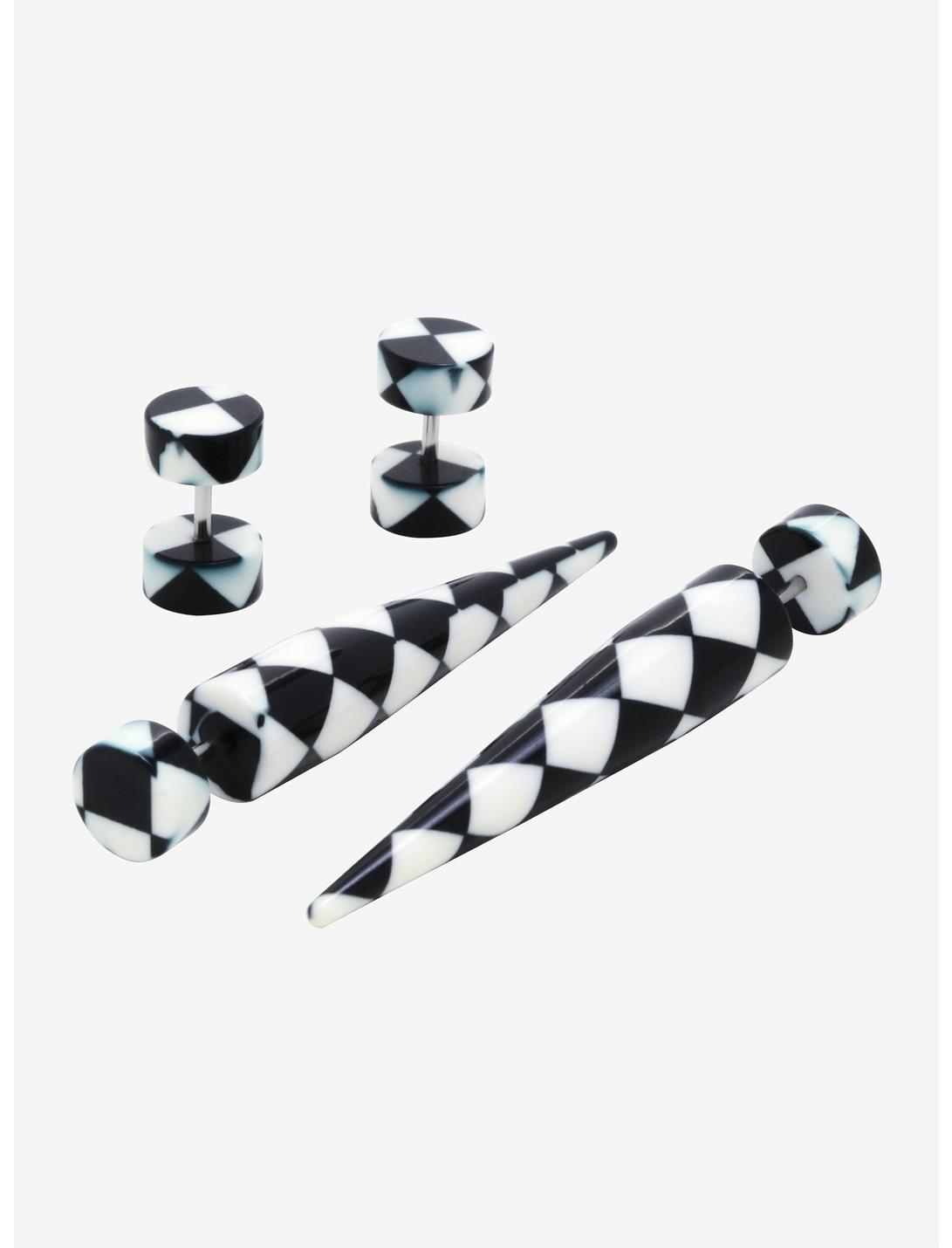 Black & White Checkered Faux Taper & Plug 4 Pack, , hi-res