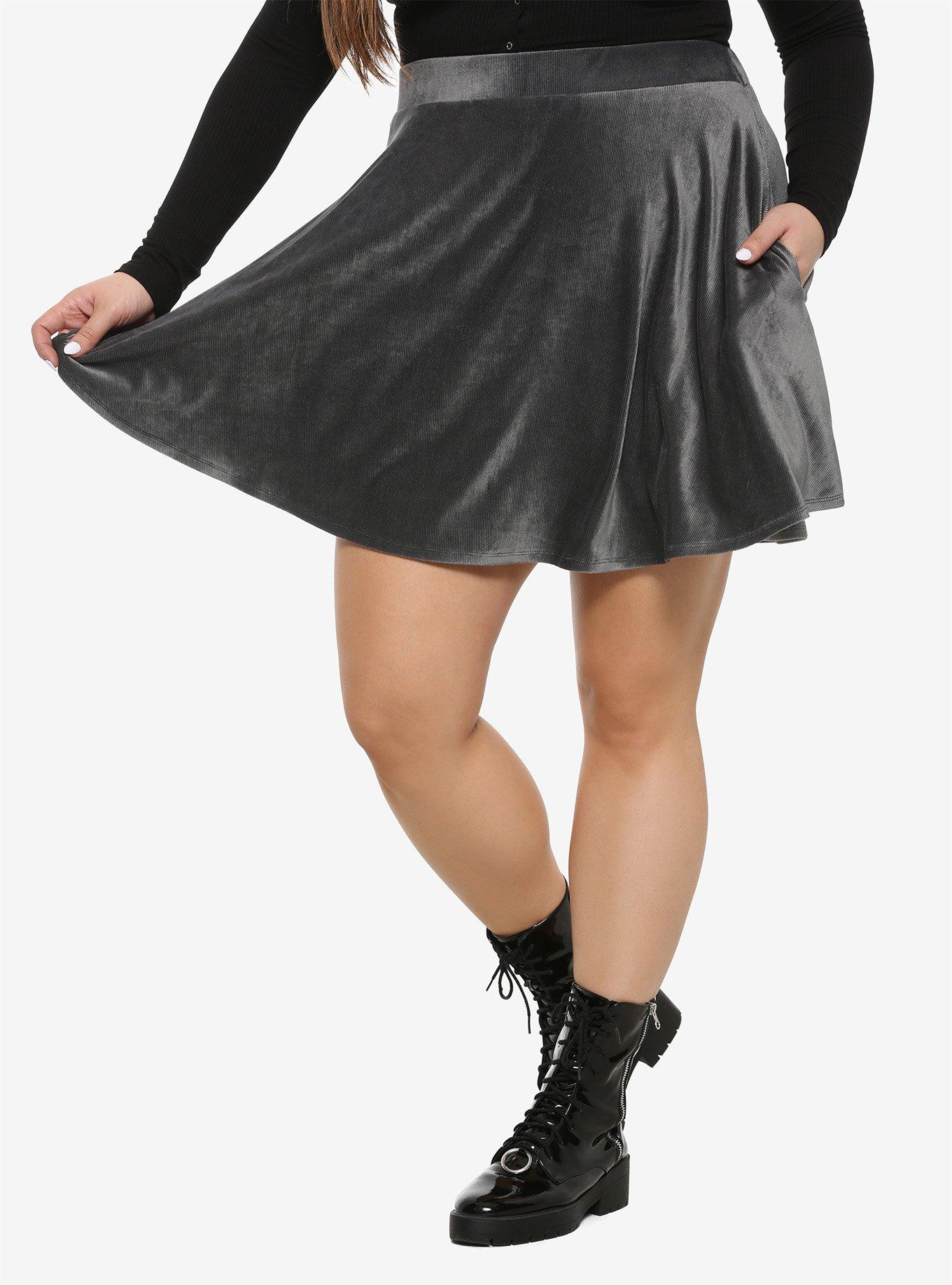 Charcoal Corduroy Skater Skirt Plus Size, GREY, hi-res