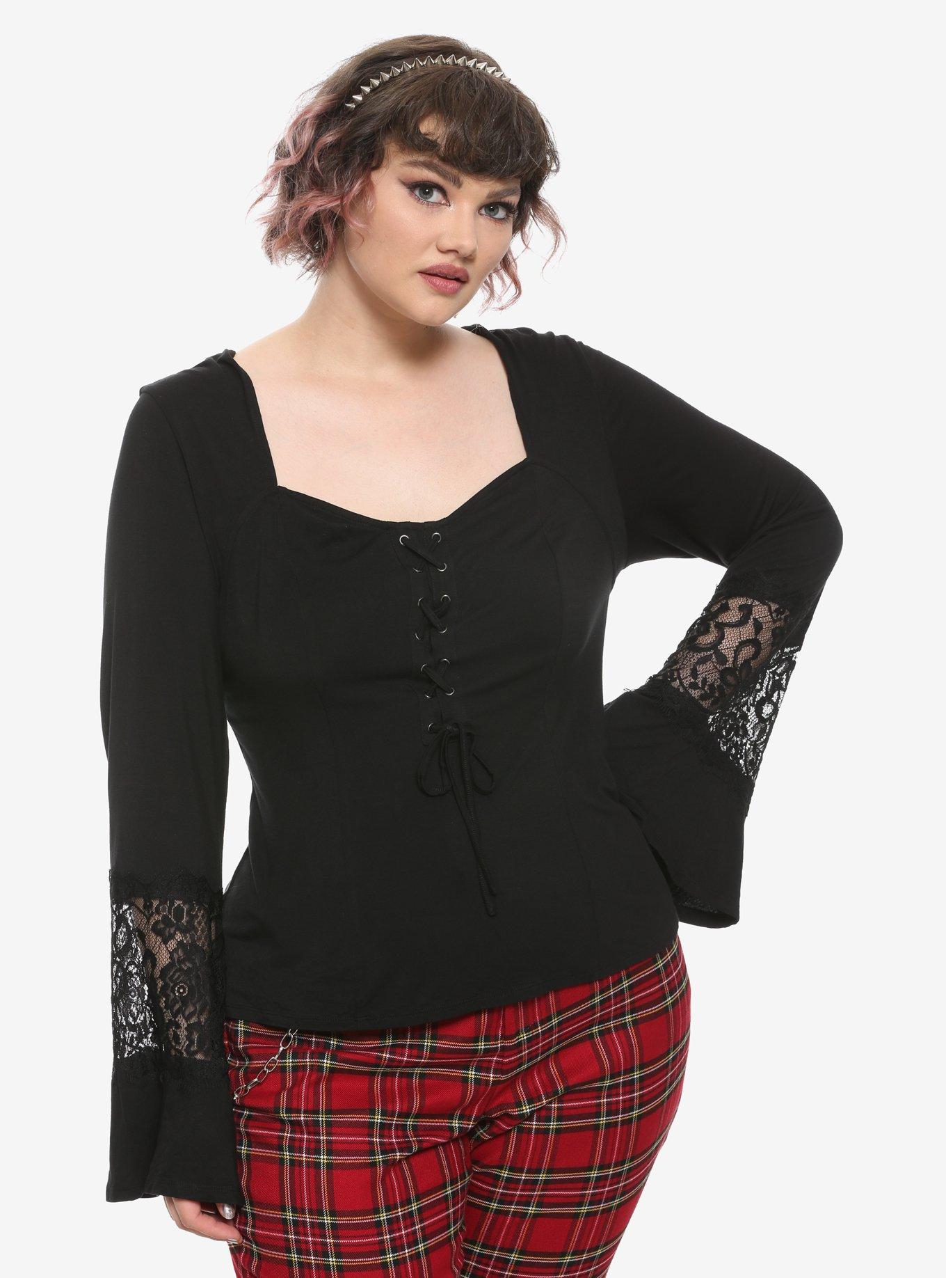 Black Sweetheart Neckline Bell Sleeve Girls Top Plus Size, BLACK, hi-res