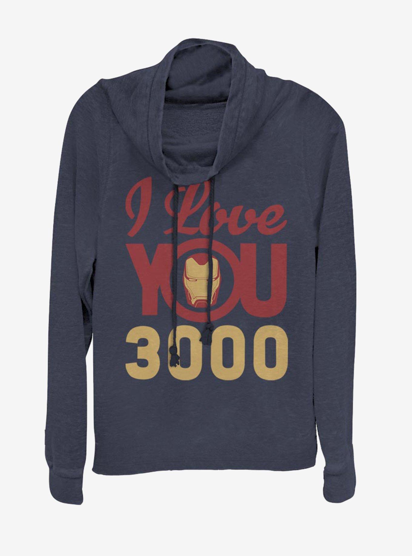 Marvel Iron Man Love You 3000 Icon Face Cowlneck Long-Sleeve Womens Top, NAVY, hi-res
