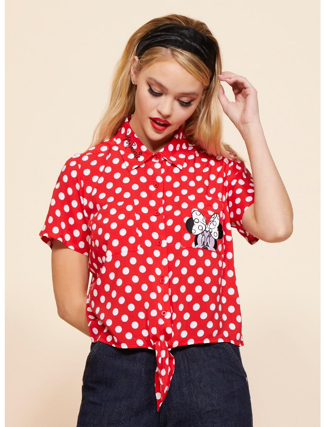 Plus Size Her Universe Disney Minnie Mouse Polka Dots Pocket Tie-Front Woven Button-Up, MULTI, hi-res