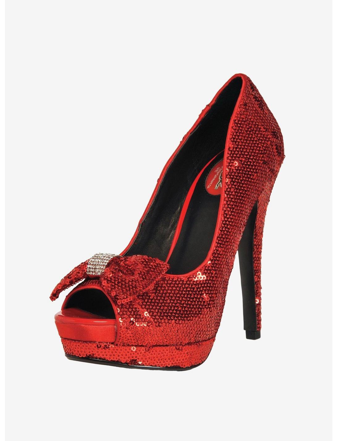 Women's 5" Red Sequin Heels With Diamond Bow, RED, hi-res