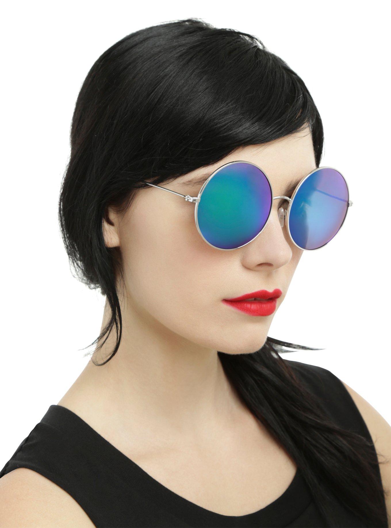 Purple Mirror Lens Silver Round Sunglasses, , hi-res