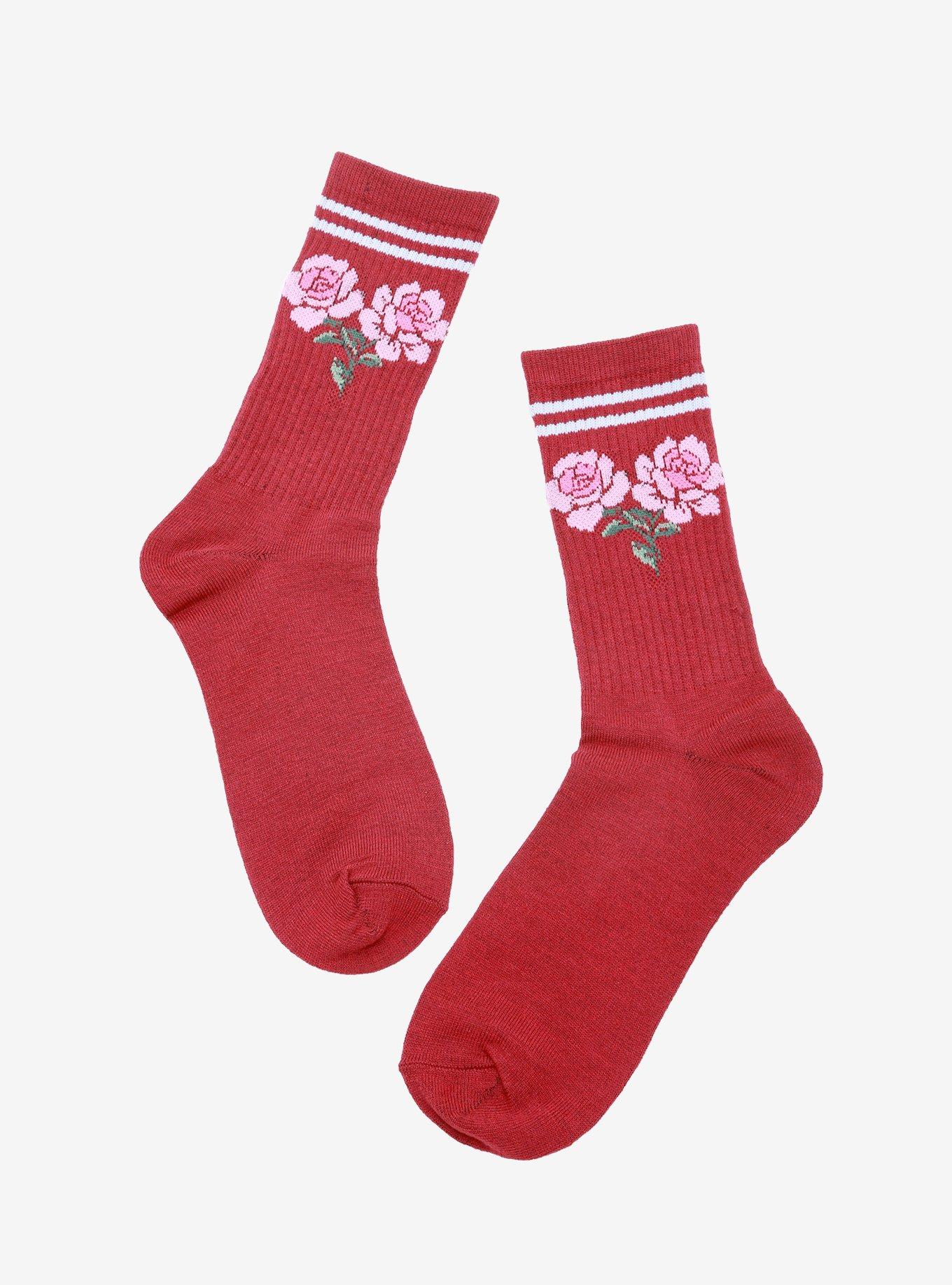 Rose Burgundy Crew Socks, , hi-res