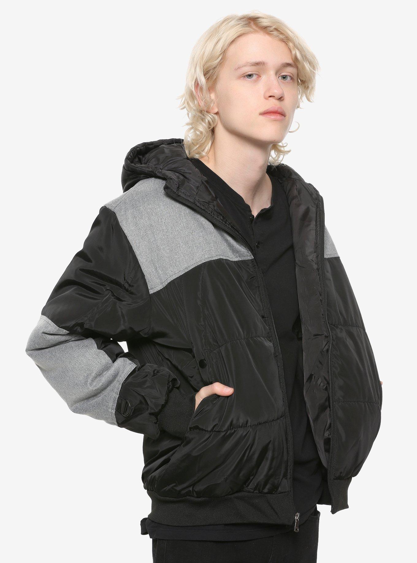 Black & Grey Panel Puffer Jacket, BLACK, hi-res