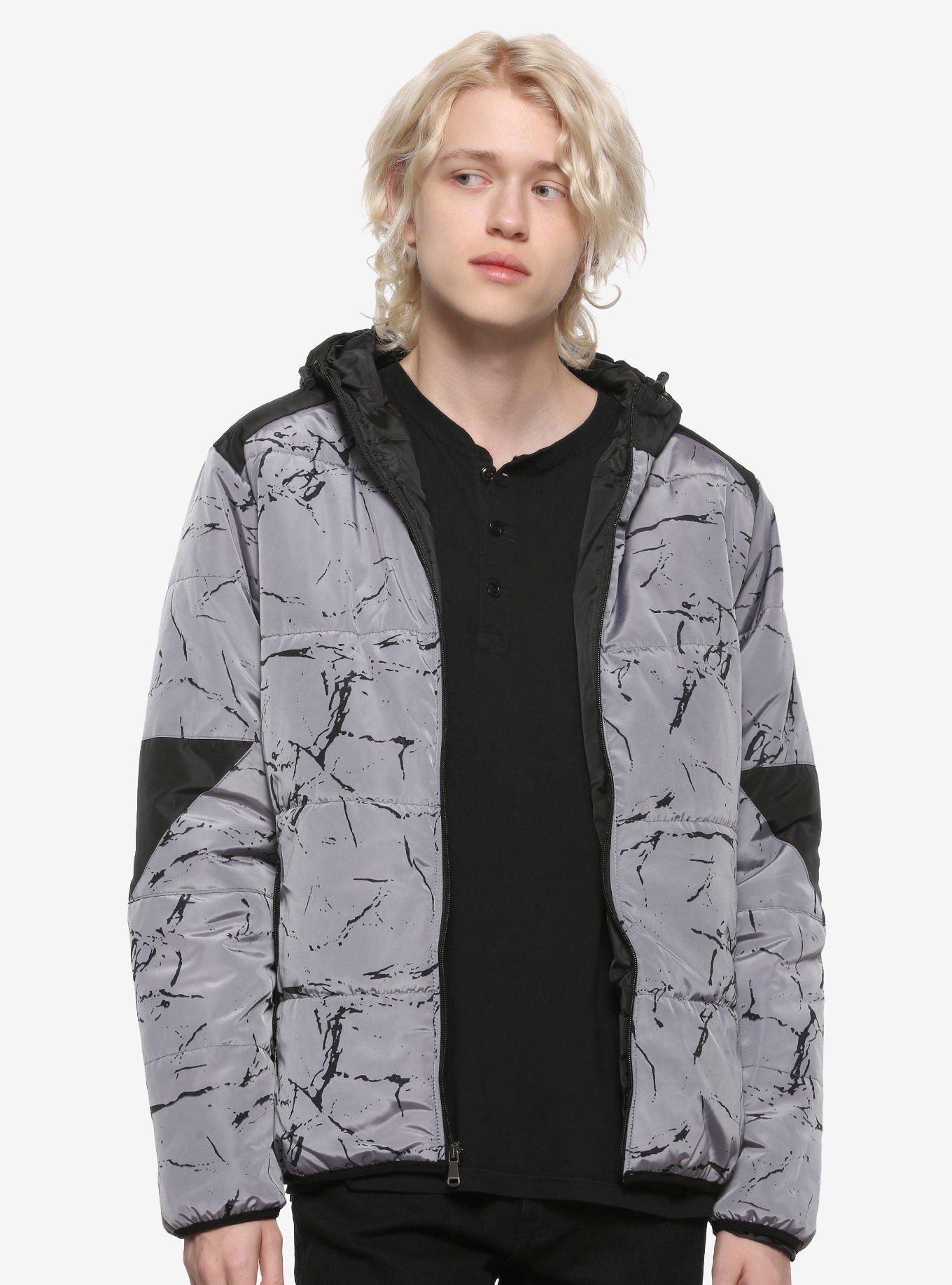 Black & Grey Reflective Puffer Jacket, GREY, hi-res