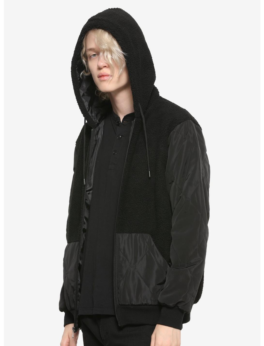 Black Sherpa Hooded Jacket, BLACK, hi-res