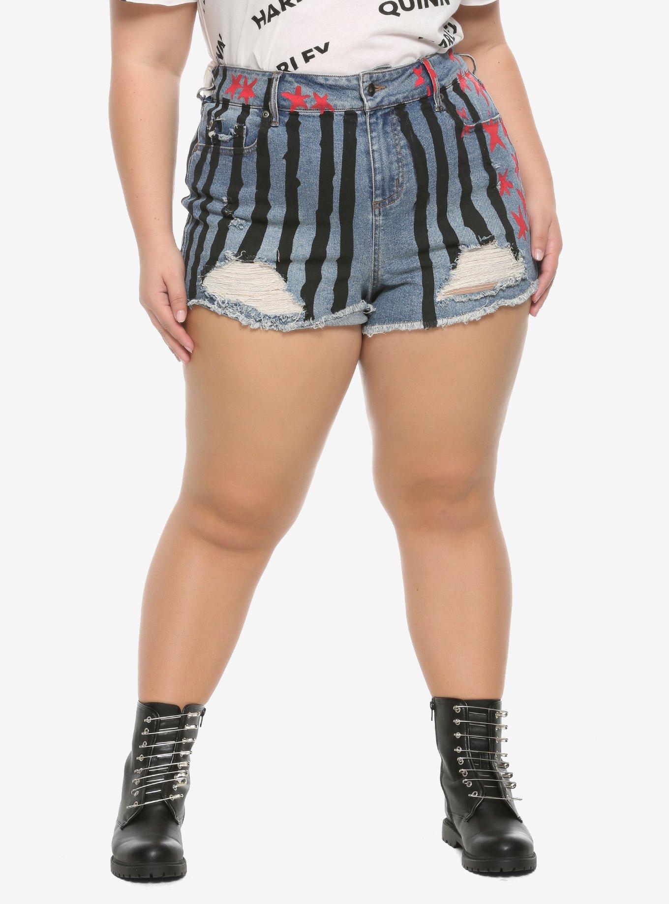 Her Universe DC Comics Birds Of Prey Harley Quinn Destructed Hi-Rise Shorts Plus Size, INDIGO, hi-res