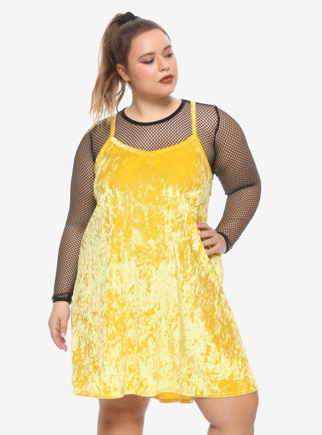 Her Universe DC Comics Birds Of Prey Black Canary Fishnet Velvet Dress Plus Size, YELLOW, hi-res