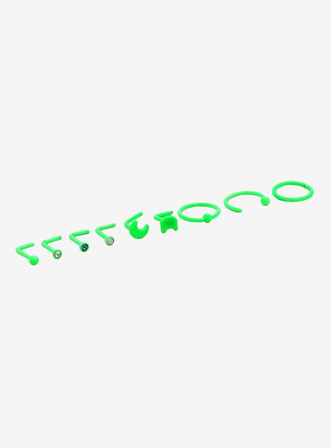 Steel Lime Green Glow-In-The-Dark Nose Stud & Hoop 9 Pack, MULTI, hi-res