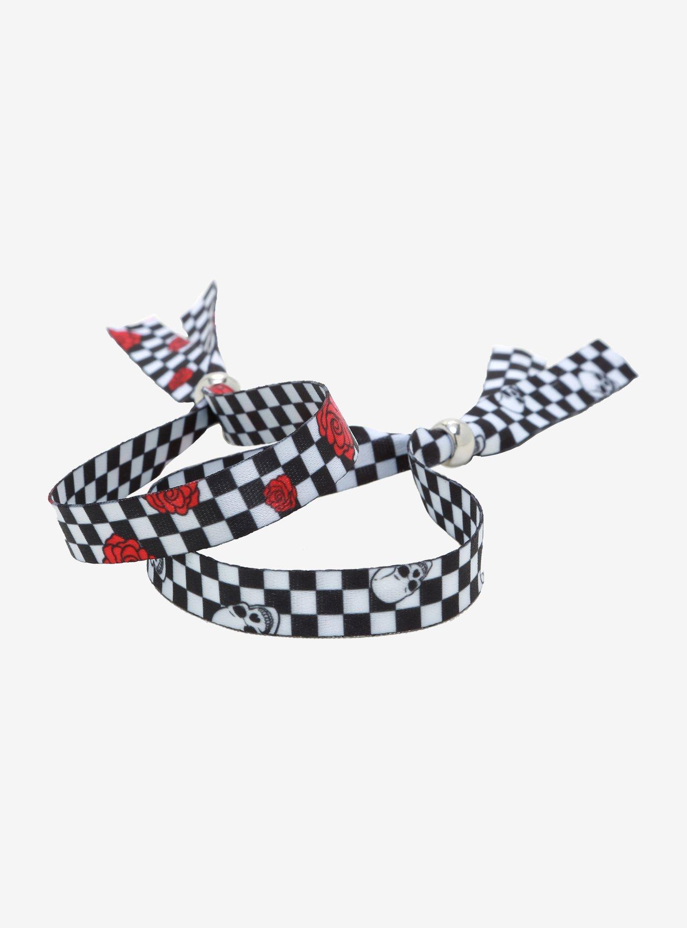 Rose Skull Black & White Checkered Fabric Bracelet Set, , hi-res