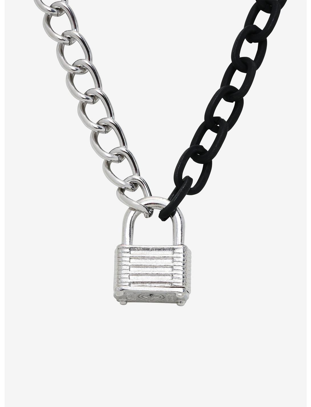 Black & Silver Padlock Chain Necklace, , hi-res