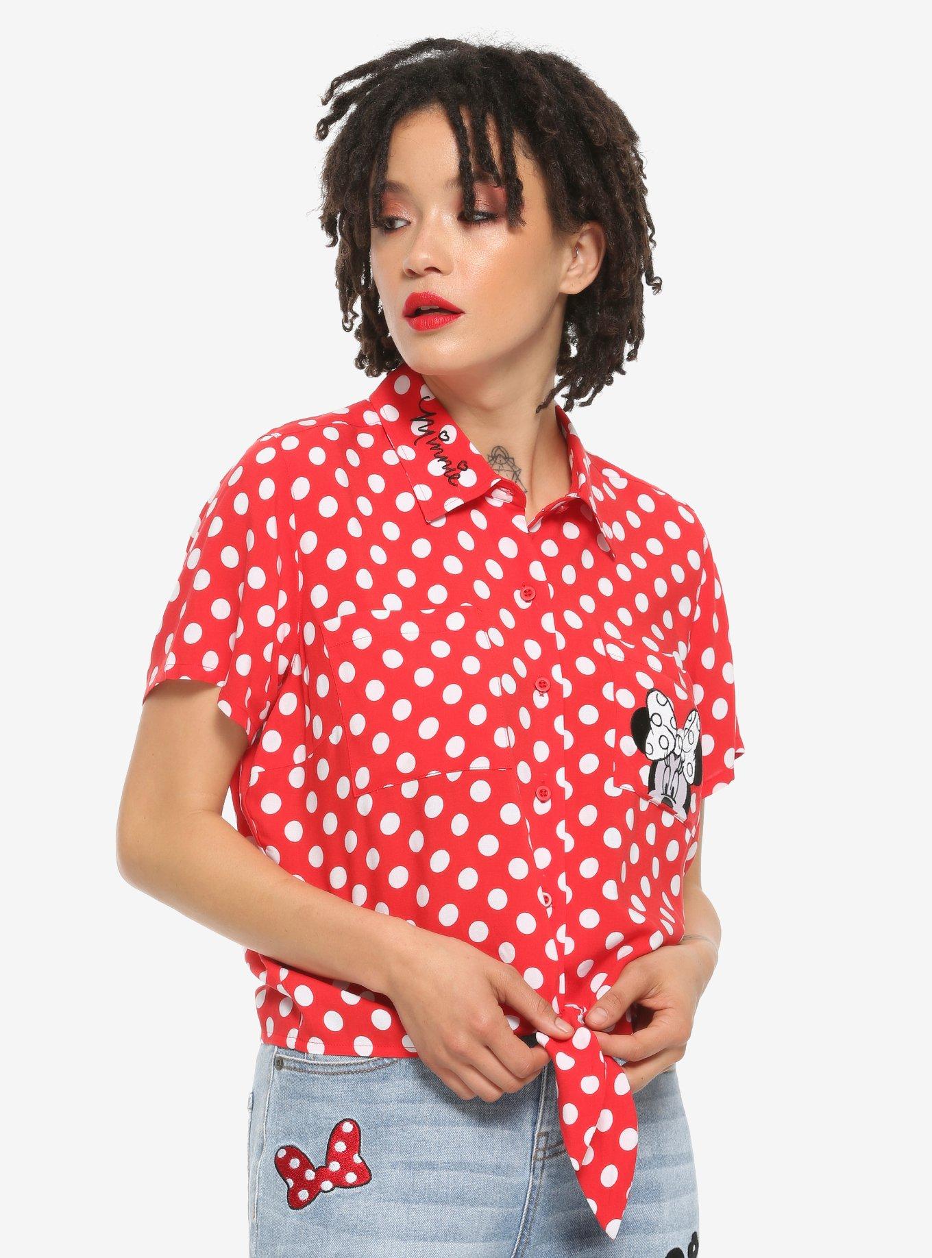 Her Universe Disney Minnie Mouse Polka Dots Pocket Tie-Front Girls Woven Button-Up, WHITE, hi-res