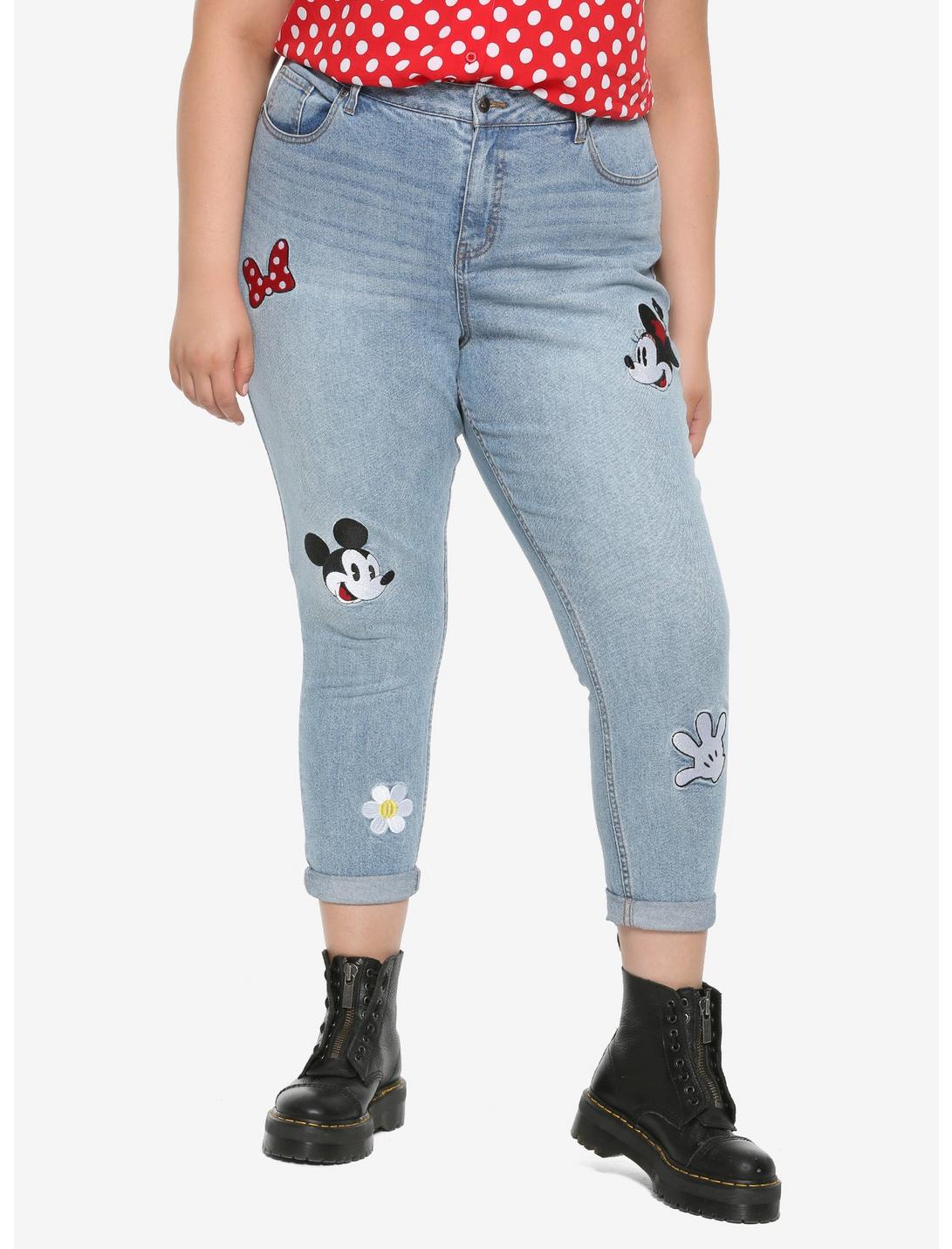 Her Universe Disney Minnie Mouse & Mickey Mouse Embroidered Mom Jeans Plus Size, INDIGO, hi-res