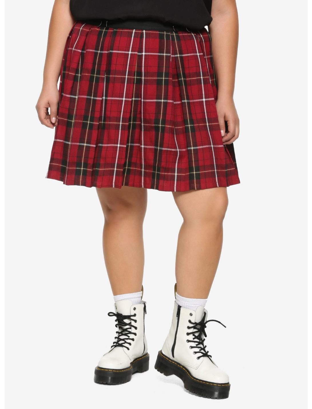 Burgundy Plaid D-Ring Skirt Plus Size, PLAID - RED, hi-res