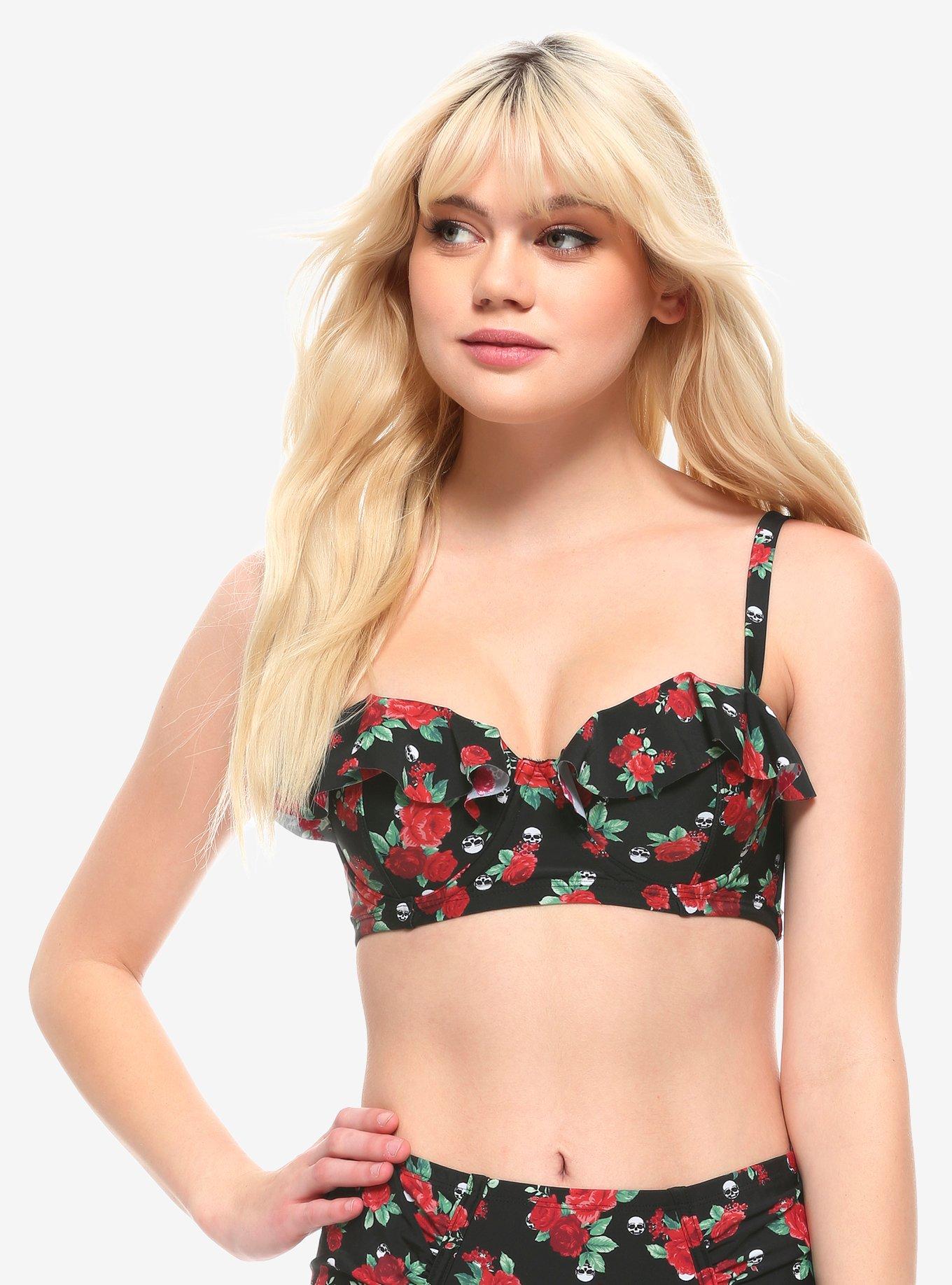 Roses & Skulls Ruffle Swim Top, MULTI, hi-res