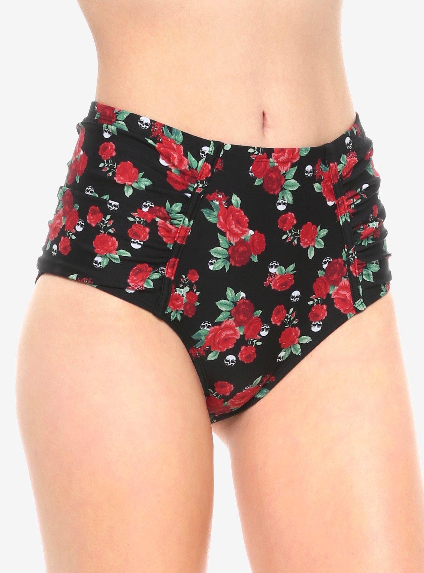 Roses & Skulls Ruched High-Waisted Swim Bottoms, MULTI, hi-res