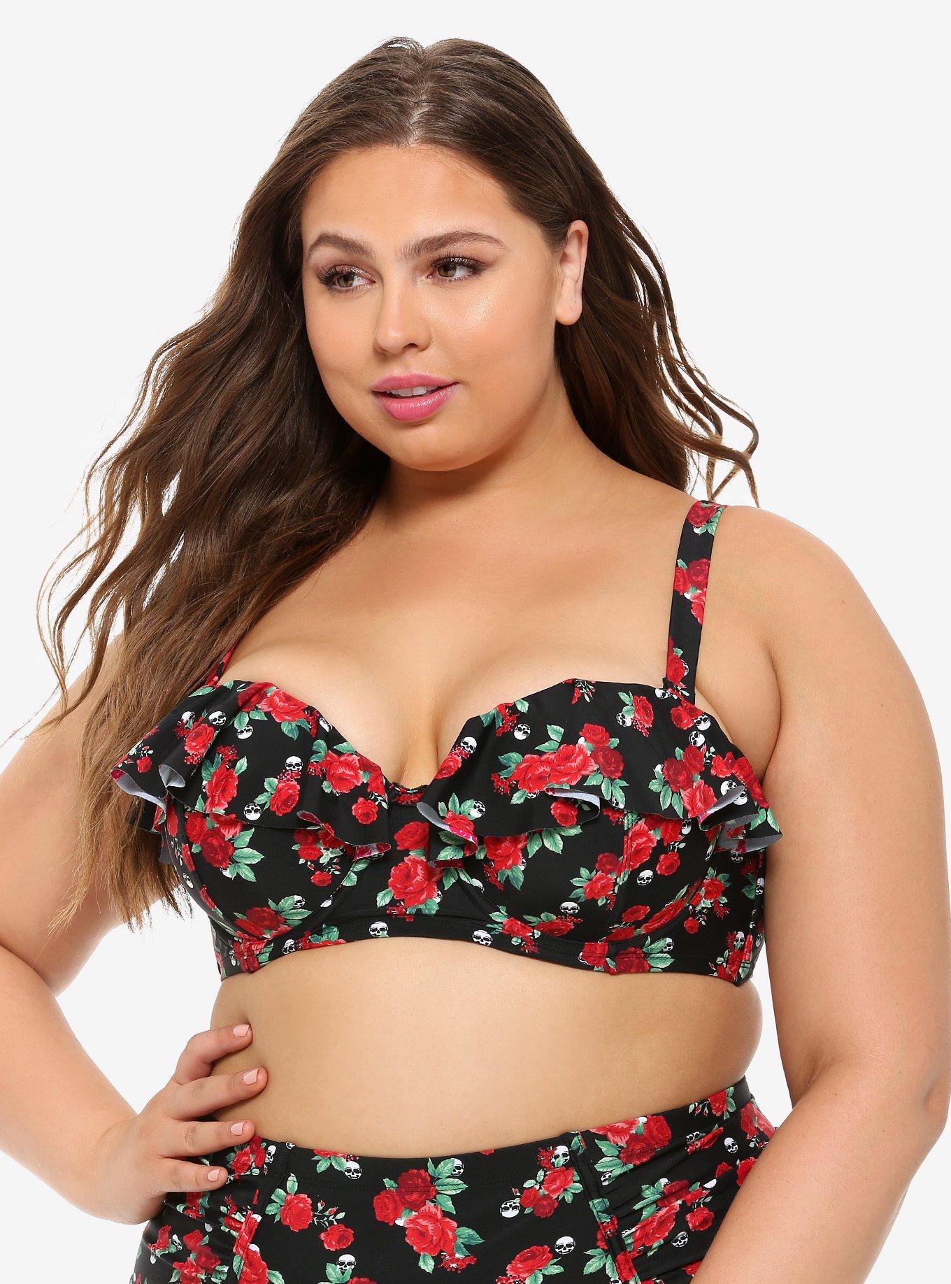 Roses & Skulls Ruffle Swim Top Plus Size, MULTI, hi-res