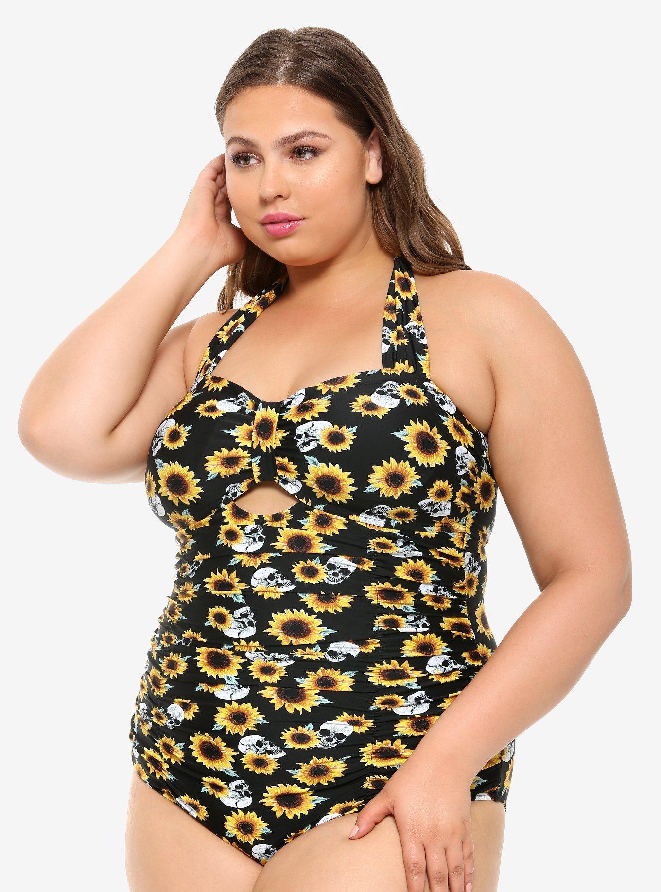 Sunflowers & Skulls Halter Swimsuit Plus Size, MULTI, hi-res