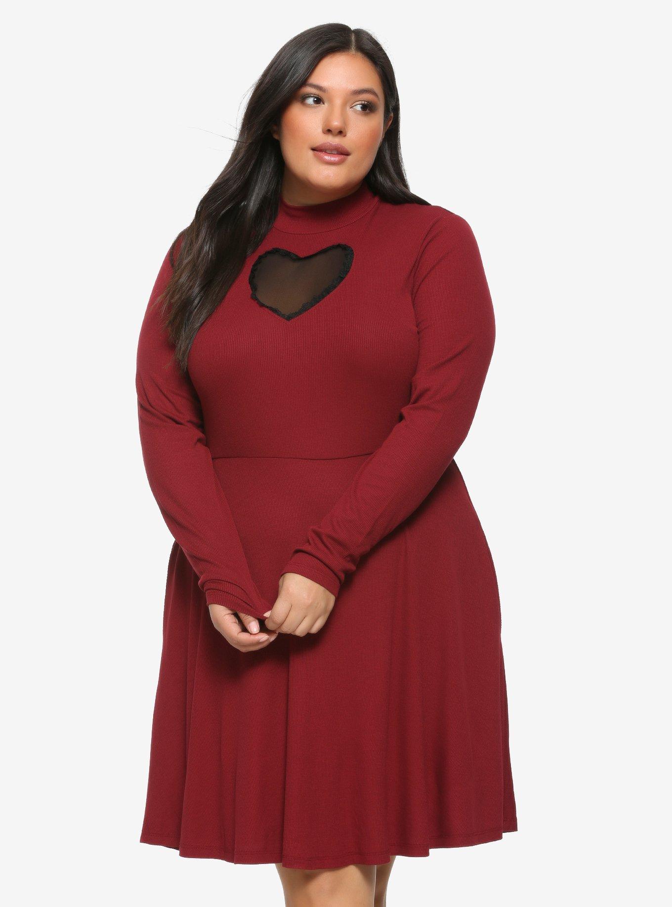 Heart Cutout Mock Neck Long-Sleeve Dress Plus Size, , hi-res