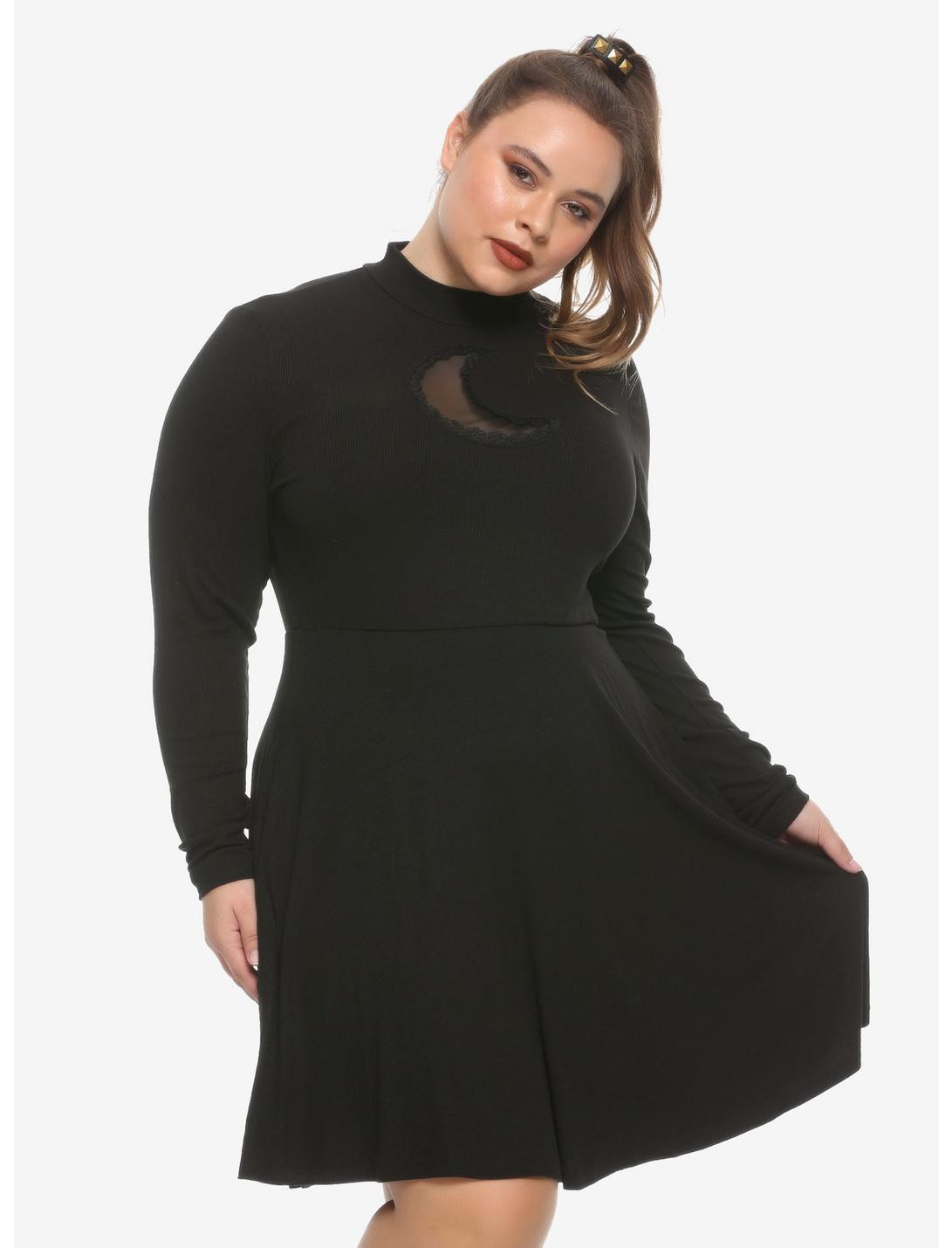 Moon Cutout Mock Neck Long-Sleeve Dress Plus Size, BLACK, hi-res