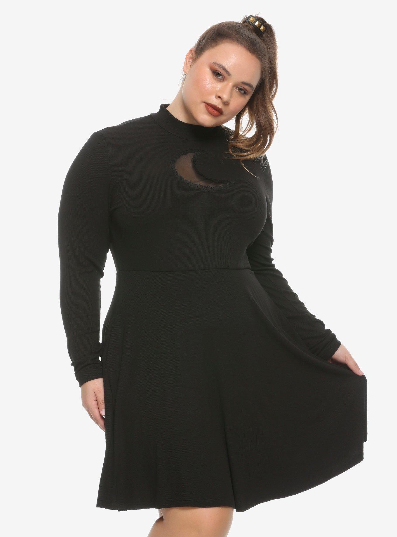 Moon Cutout Mock Neck Long-Sleeve Dress Plus Size, BLACK, hi-res