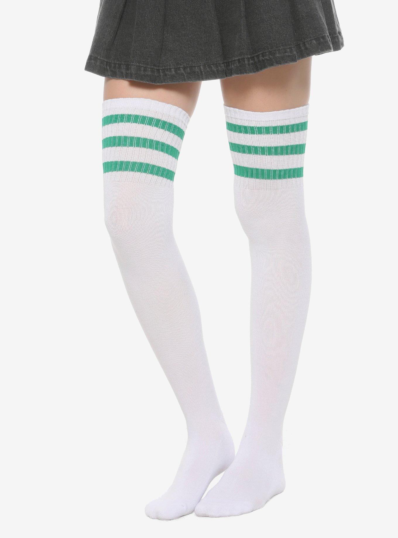 White & Green Varsity Stripe Over-The-Knee Socks, , hi-res