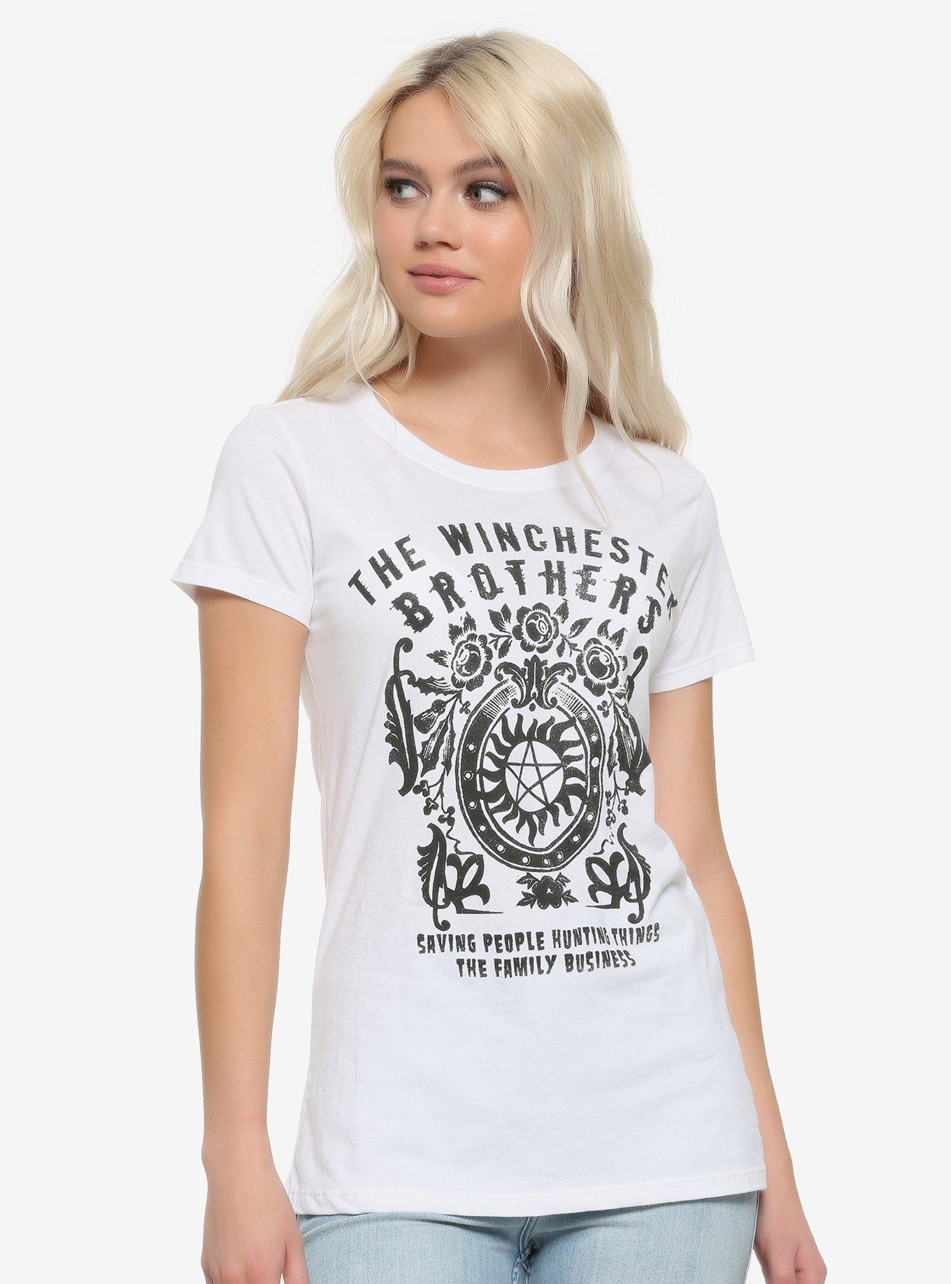 Supernatural Winchester Brothers Floral Crest Girls T-Shirt, BLACK, hi-res